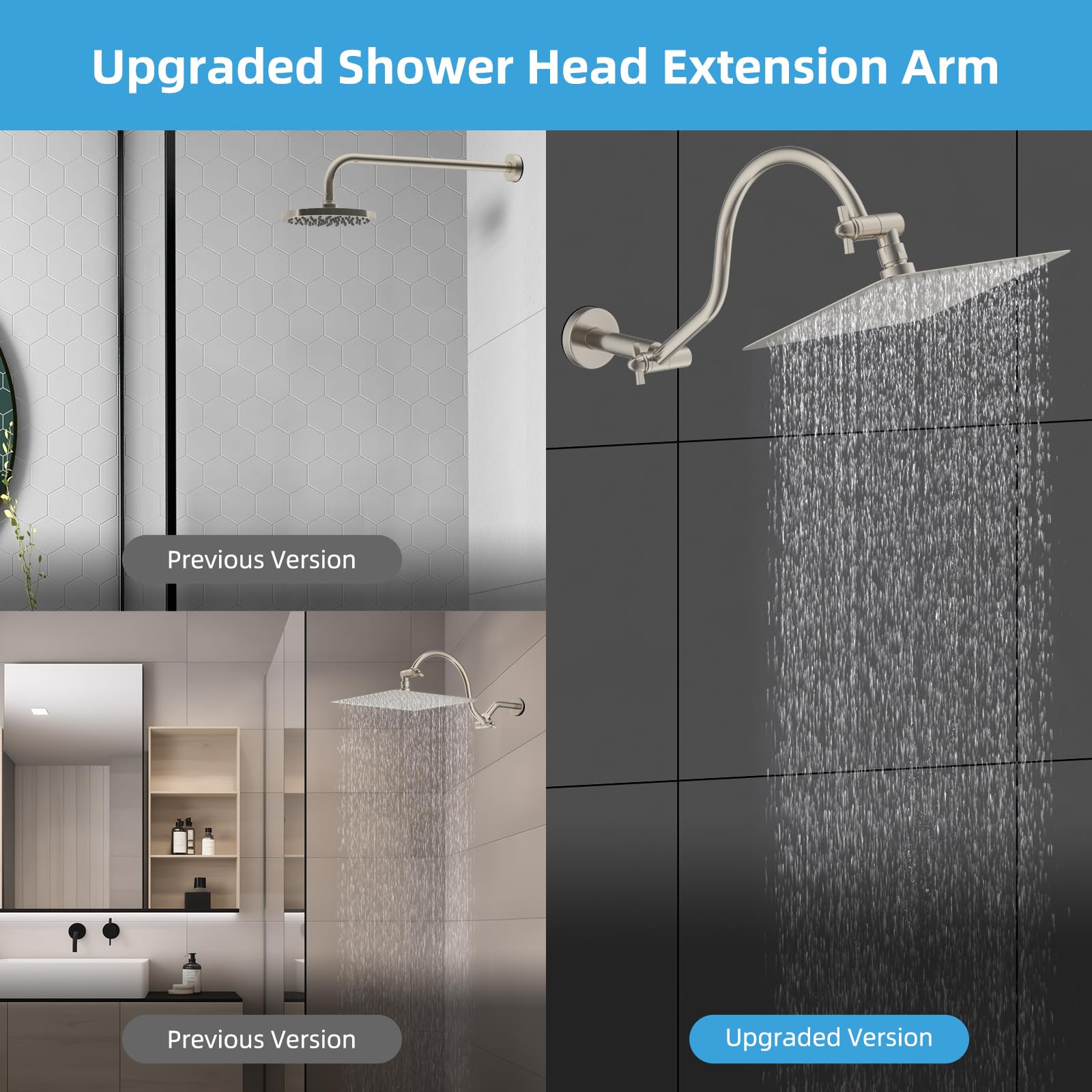 Hibbent Bras de douche entièrement en métal, bras d'extension de pommeau de douche de 45,7 cm, laiton massif, flexible en hauteur et angle réglables, avec joints de verrouillage, nickel brossé