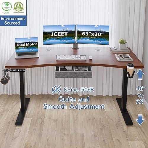 Miniatura 4 de Escritorio eléctrico de doble motor con cajón, escritorio de altura ajustable de 63 x 30 pulgadas con 4 tablas de empalme, escritorio de oficina en