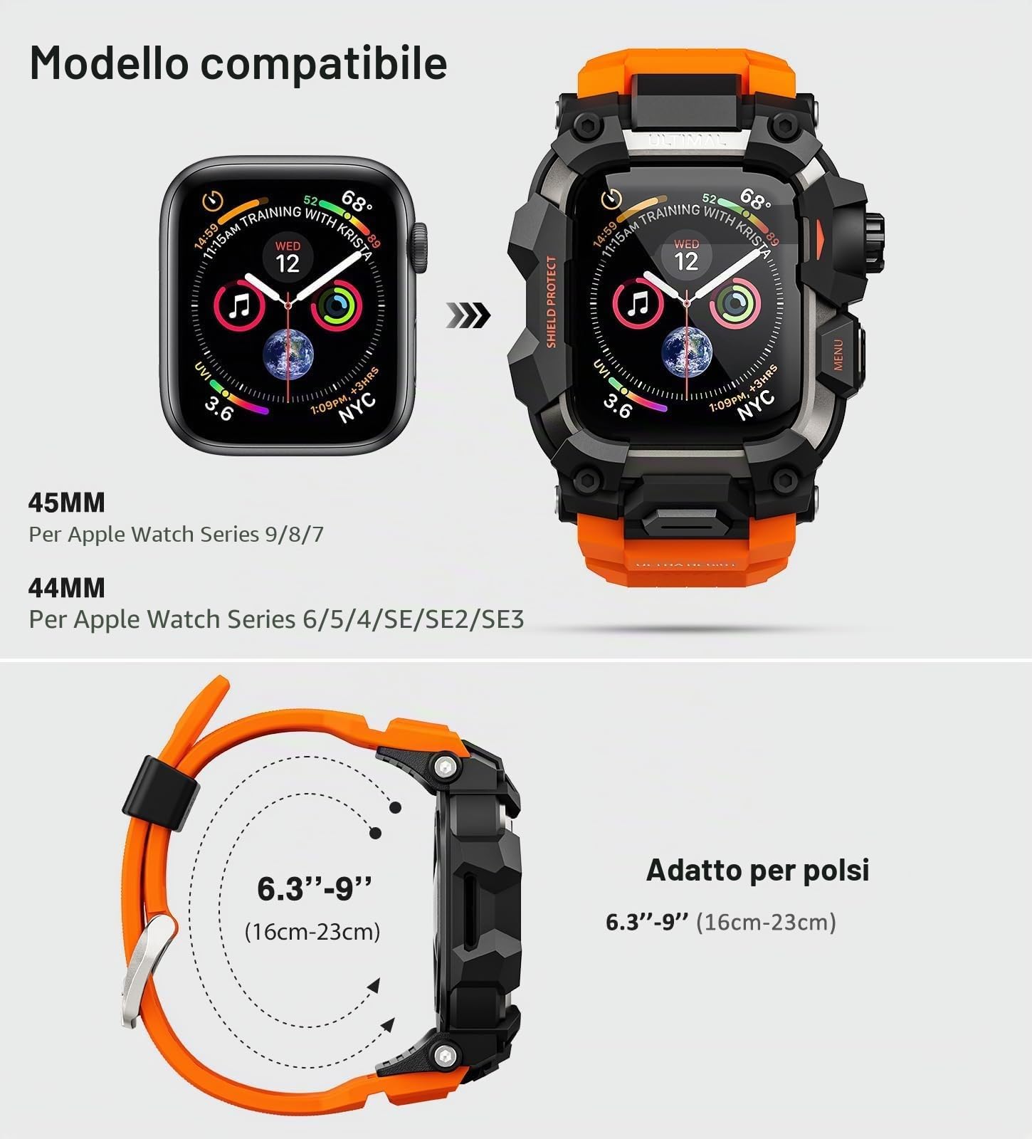 ULTIMAL Cinturino sportivo compatibile con Apple Watch da 44 mm/45 mm, custodia protettiva militare, robusto cinturino in TPU per iWatch serie 9, 8, 7, 6, 5, 4, SE