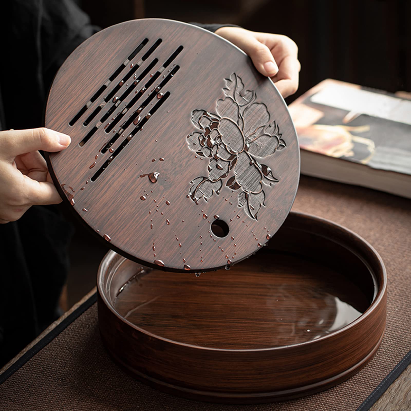 Bandeja Decorativa de bambú para Servir Agua Redonda de Kung Fu Chino con Estructura Desmontable.