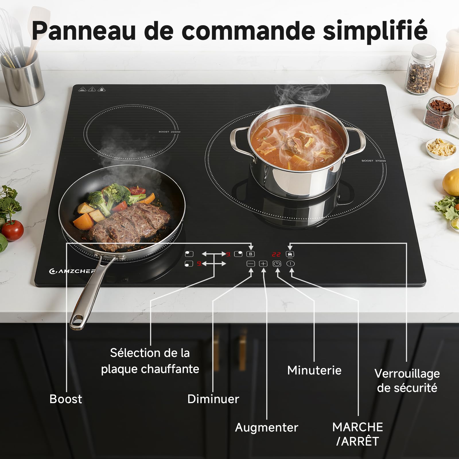 AMZCHEF Plaque Induction 3 feux 7400W avec 9 Niveaux de Puissance et Fonction Boost, Sécurité