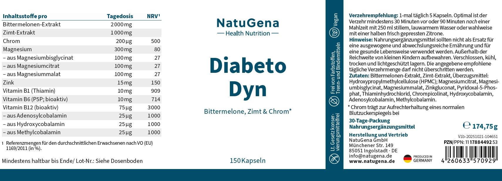 NautuGena DiabetoDyn hohe Konzentraion an Bittermelone- & Zimtkomplex, drei Magnesiumverbindungen Citrat, Malat & Bisglycinat, 150 Kapseln (30 Tage Packung)