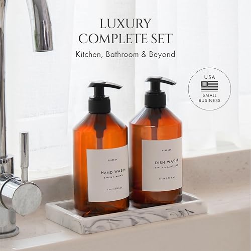 Miniatura 3 de FINESSY Dispensador de jabón de mano ámbar para encimera de cocina y baño con bandeja para detergente líquido recargable para lavavajillas y