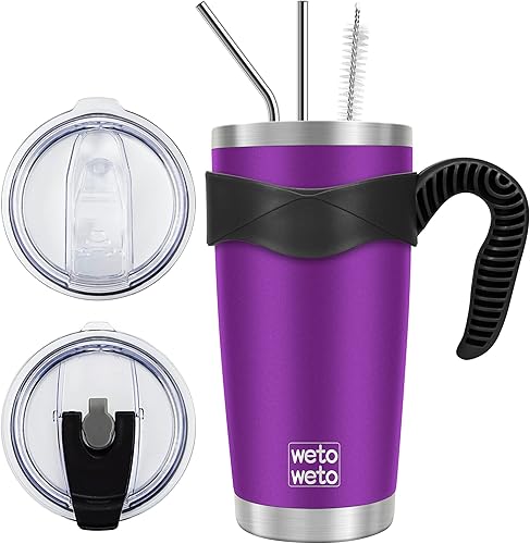 Vista 176 de WETOWETO - Vaso térmico de acero inoxidable de 20 onzas con mango, taza de café con 2 tapas y 2 pajillas, doble pared con aislamiento al vacío, vaso