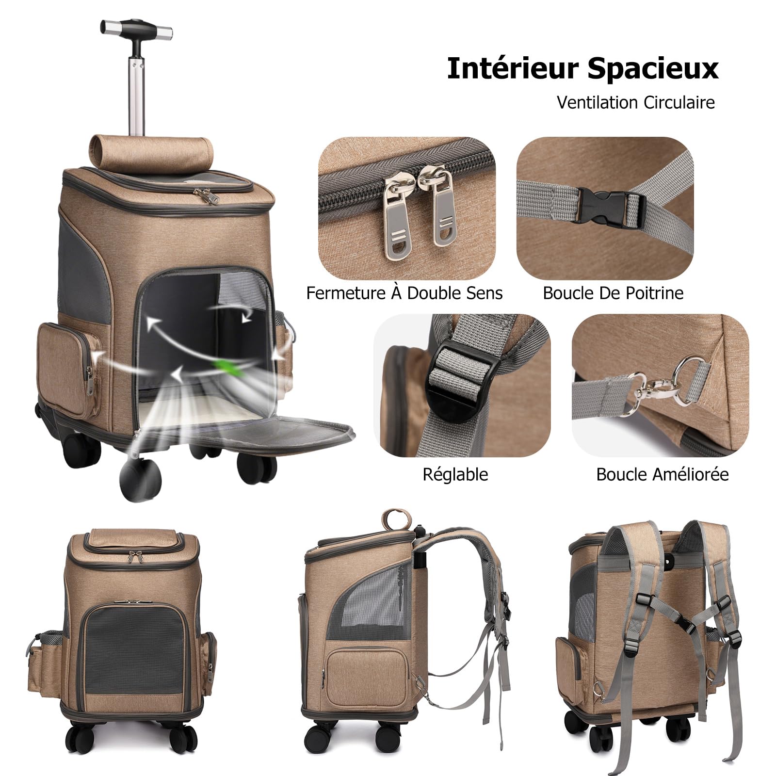 PETCUTE Sac à Dos à roulettes pour Chats Jusqu'à 10kg, Sac à Dos de Transport pour Chien avec Poignée Télescopique,Caisse Transport Chat avec Matelas en Peluche,pour Le Voyage, la Randonnée,Kaki