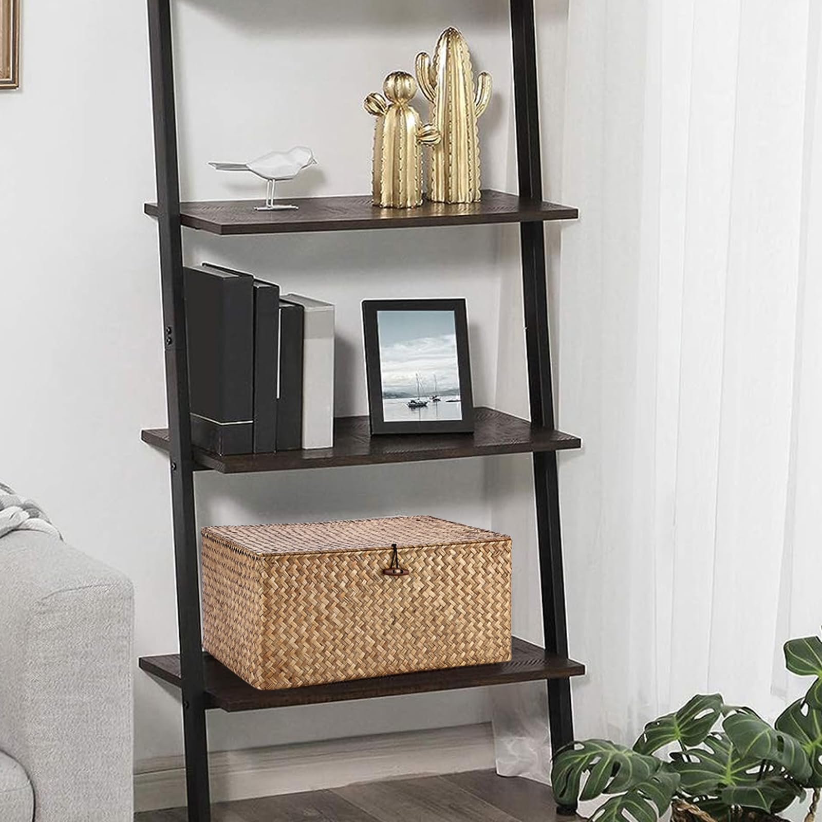 IGNPION - Cesto portaoggetti in vimini con coperchio, cesto da scrivania in vimini intrecciato, rettangolare, organizer da bagno, scatola decorativa per sotto mensole del soggiorno, cesto portatutto