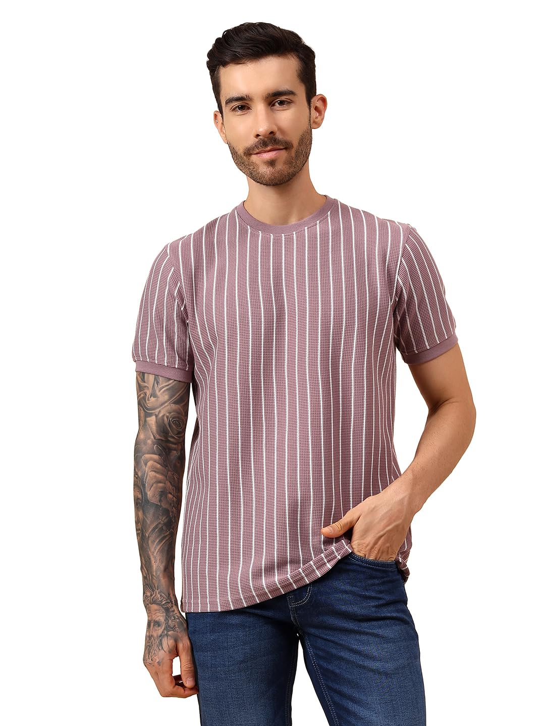 T-Shirt for Men l Breathable & Soft with Color Fastness Regular Fit Poly Cotton Fabric Striped Pattern (MTSH00807)-image-29