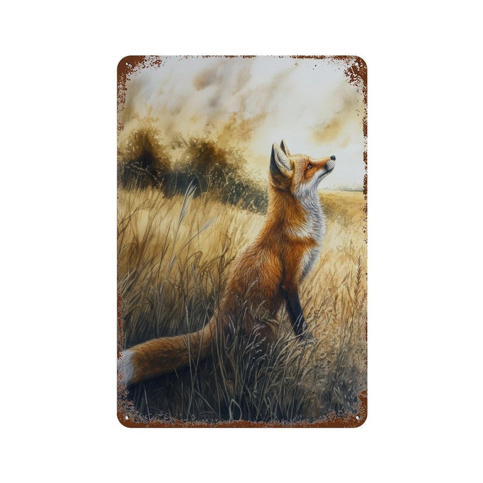 Fox in A Field Watercolor Cottagecore Decor Dark Academia Enchanted Wildlife Illustration Vintage Nature Wall Decor Art Metal Tin Poster Modern Home Decor Art Home Bar Shop Decorations Vintage Sign 3