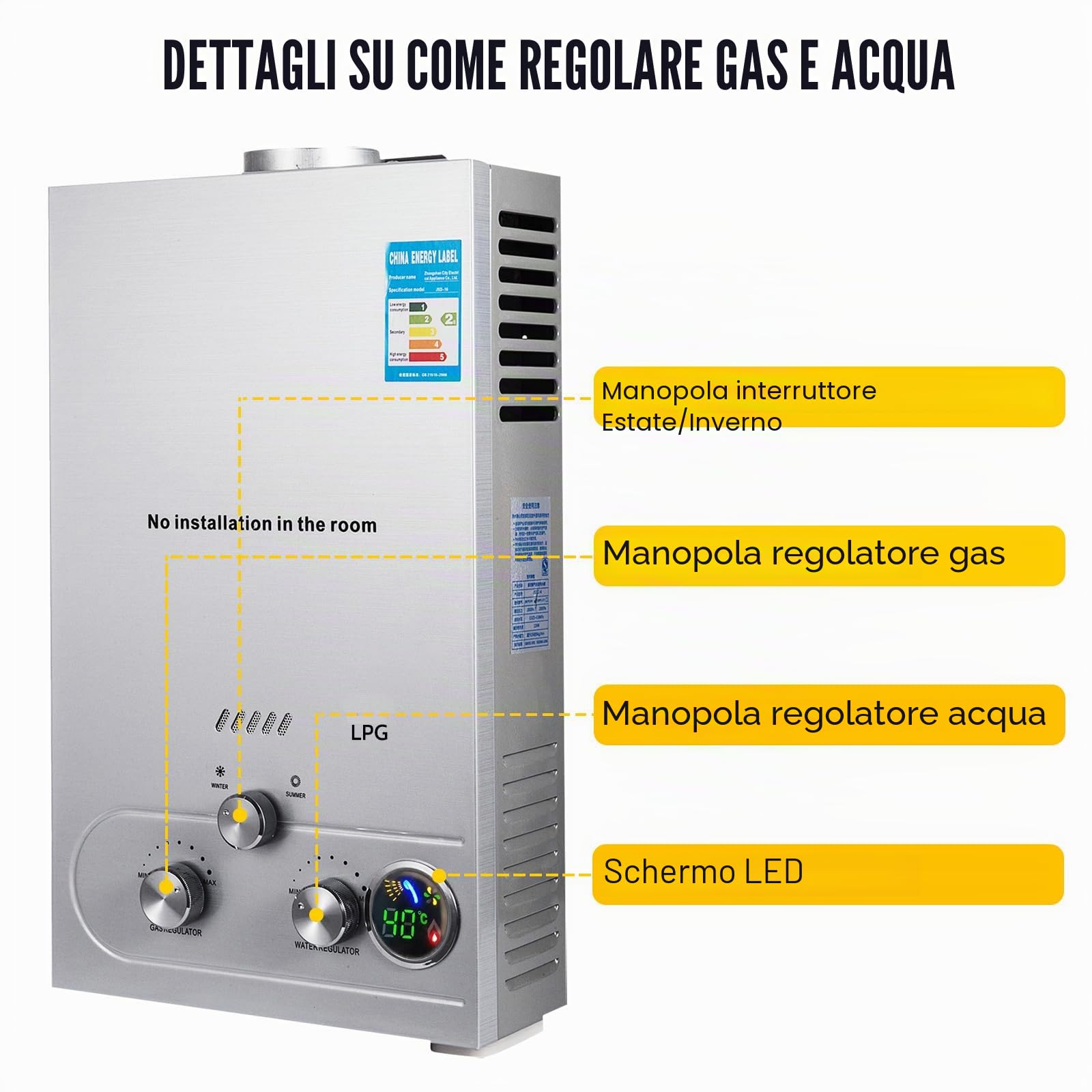 12L Scaldabagno a Gas GPL con Modalità Inverno ed Estate Caldaia a Gas GPL da 24 kW a Parete senza Serbatoio Scaldacqua Istantaneo Automatico con Anima in Rame e Display a LED