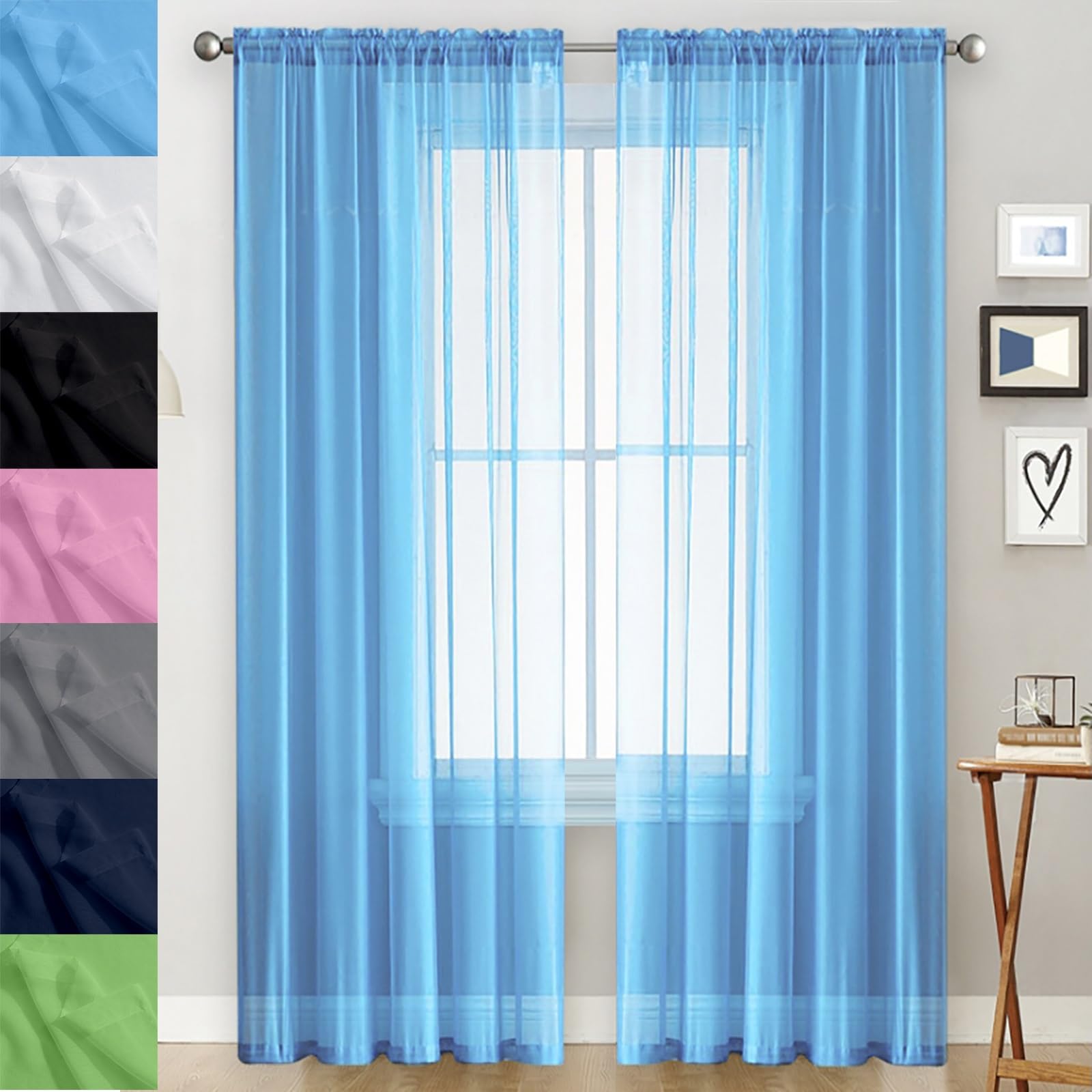 GAIFNAG Semi Sheer Curtains, White Sheer Curtains 70 x 170 cm Super Soft Thermal Insulated Window Treatment Long Curtain Thermal Insulated Door Curtain for Apartment/Hotel Dorm, Sky Blue — image 1