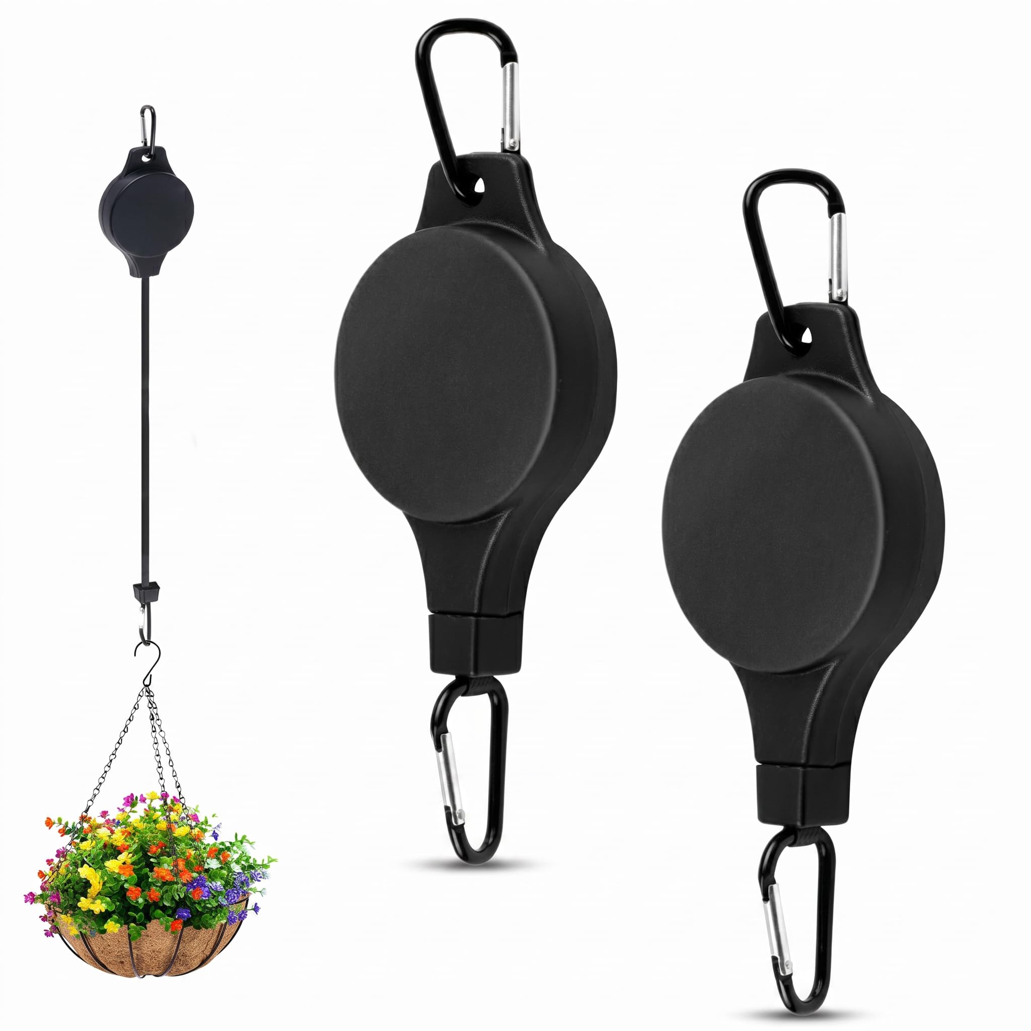 Hanging Basket Pulley, Adjustable Retractable Heavy Duty Plant Hanger Hook, Plant Pulley System for Watering Hanging Baskets, Bird Feeders & Outdoor Planters (2PCS)