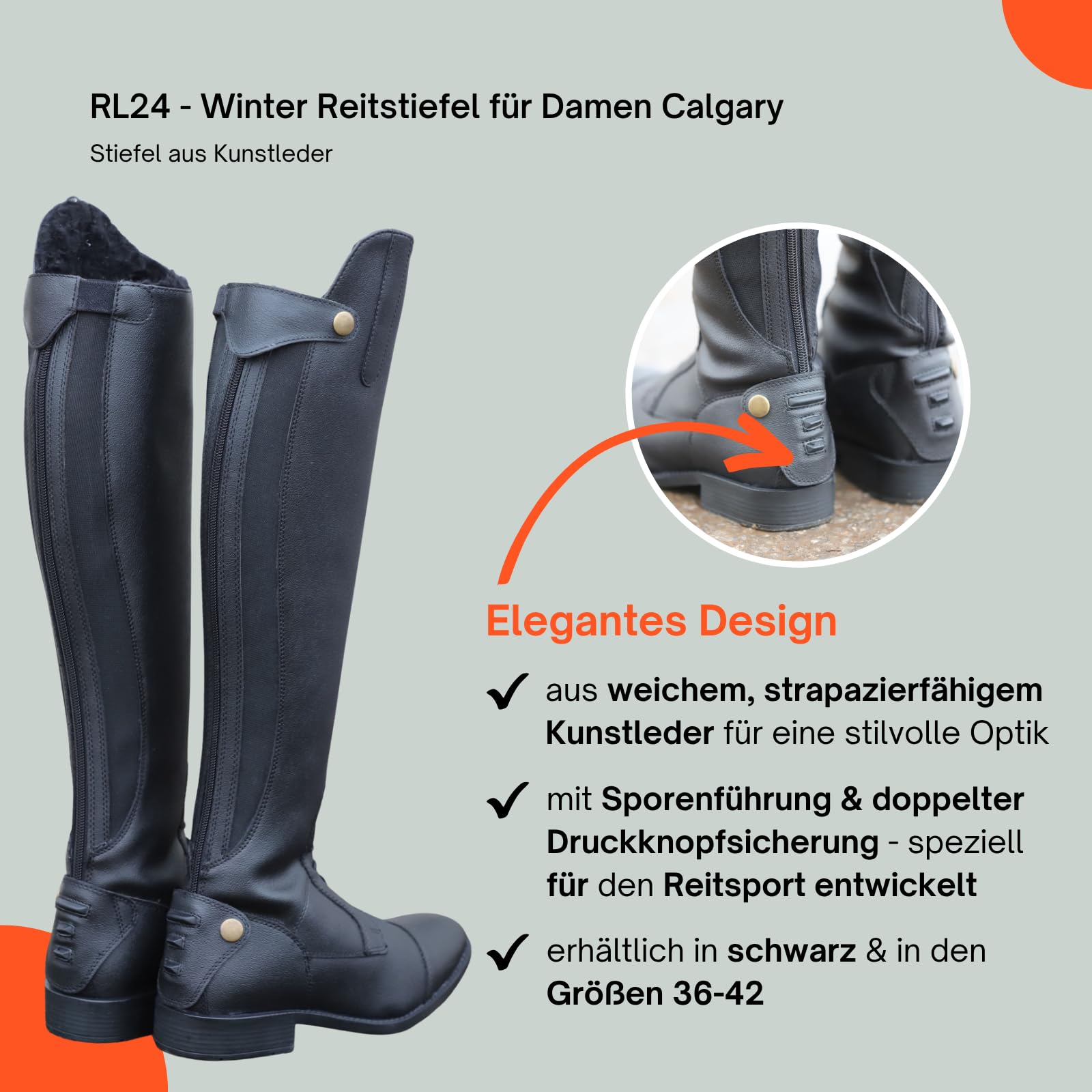 RL24 - Winter Reitstiefel für Damen Calgary – warme Damenstiefel zum Reiten – Stiefel aus Kunstleder mit Teddyfell & Reißverschluss – Winterstiefel in schwarz – Größe 36-42