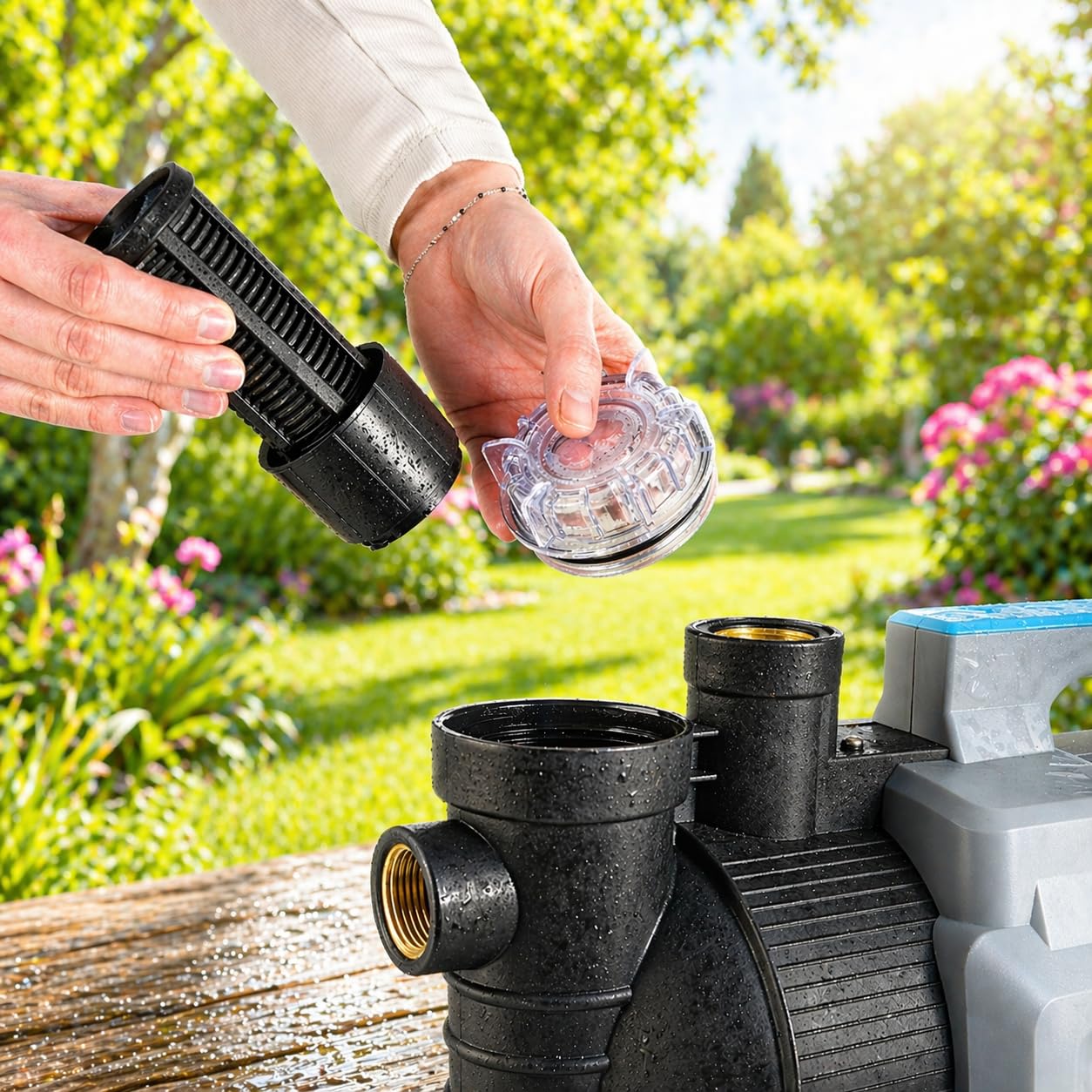 Gartenpumpe HANDY 5000 AUTO (1300 W, 5100 l/h, 50 m Förderhöhe, 5 bar) - Intelligente Wasserpumpe mit automatischer Steuerung - mit Vorfilter, LC-Display mit Timer - Gartenbewässerung & Rasensprenger