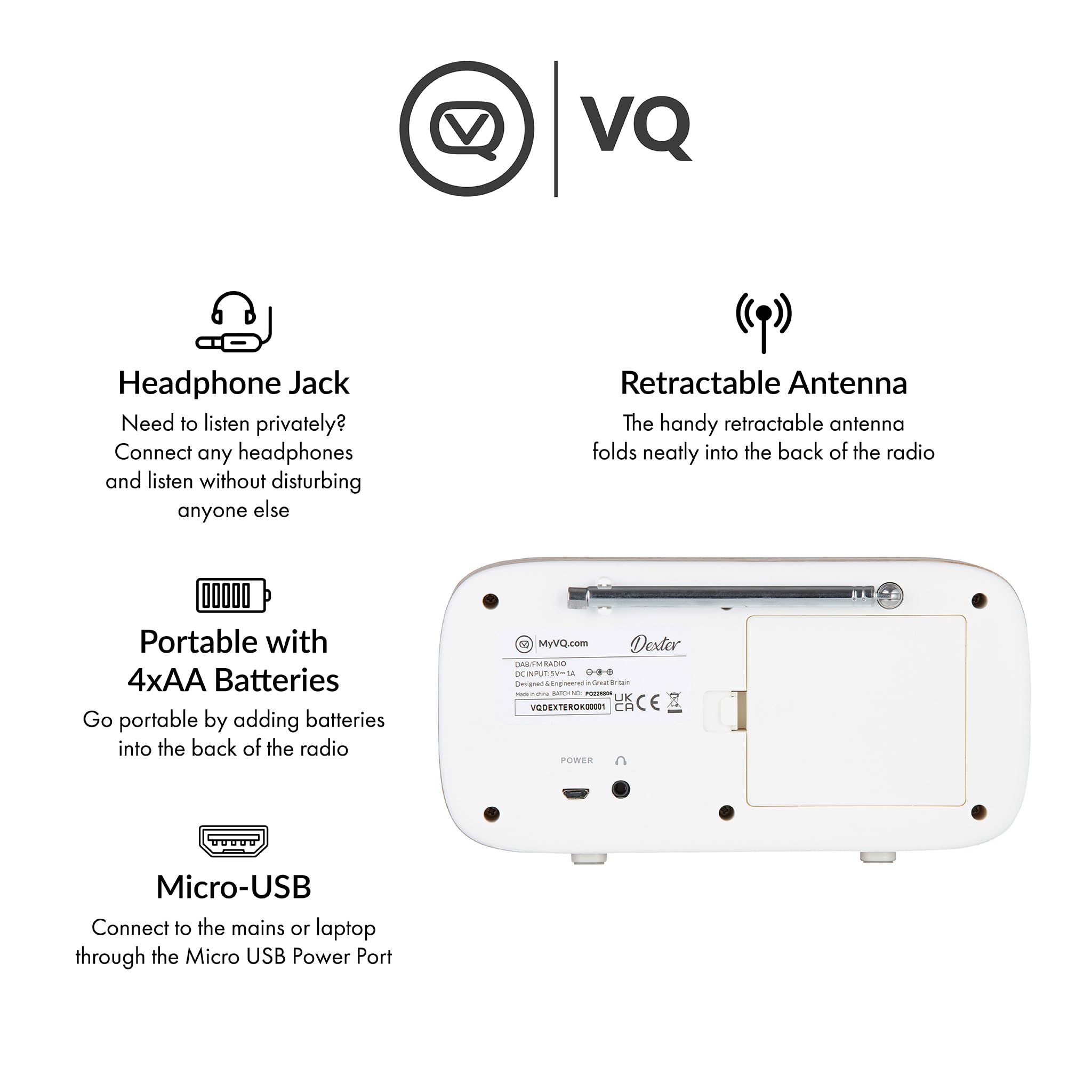 VQ Dexter Radio Dab Plus/Dab con FM, Altavoces Estéreo de 3W y Pantalla LCD - Alimentada por Corriente y Batería Radio Portatil con 60 Presintonías, Antena y Toma de Auriculares - Roble