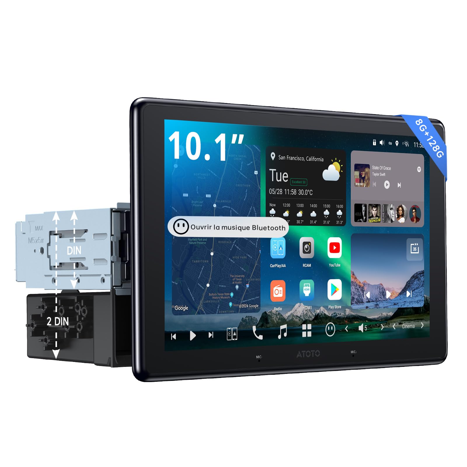 ATOTOZONE X10 Autoradio Android 10" QLED, Écran Flottant 1 DIN & 2 DIN, Agent IA & Vision IA, LiveView à Distance, Alerte Golden Hour, 4G LTE, 8G+128G, Audio 7.1.2 CH, CarPlay & Android Auto sans Fil