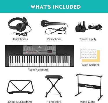 61 Key Electronic Keyboard Piano with Lighted up Keys,LCD,Headphones,X-Stand,Stool,Music Rest,Microphone,Note Stickers,Built-In Speakers,3 Teaching Modes,Ideal for Beginner Adult (Black with Stool)