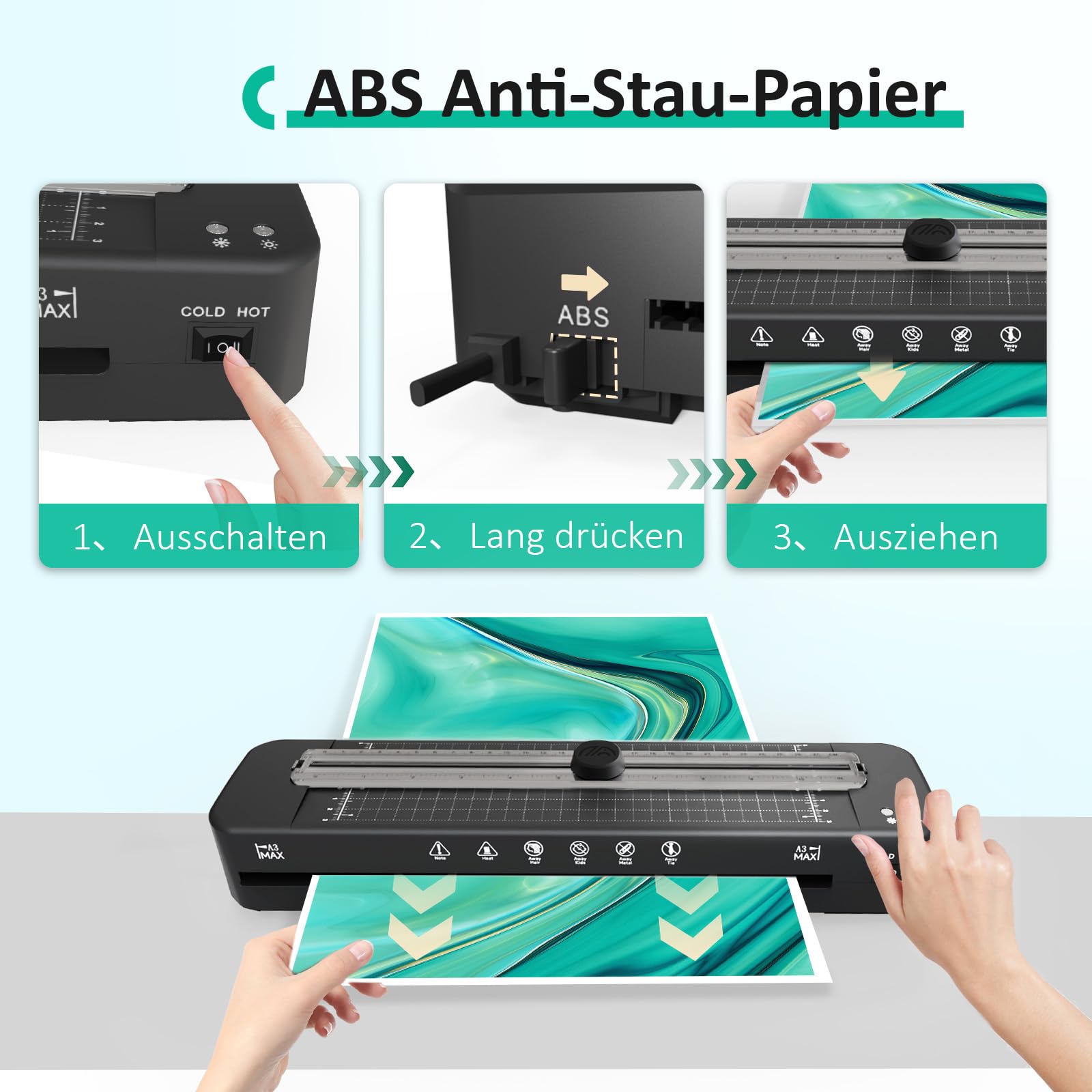 Raycial Laminator A3 z 20 arkuszami do laminowania do formatu A3/A4/A5/A6, laminator na ciepło i zimno z obcinaczem do papieru i zaokrągleniem narożników do biura, domu, szkoły
