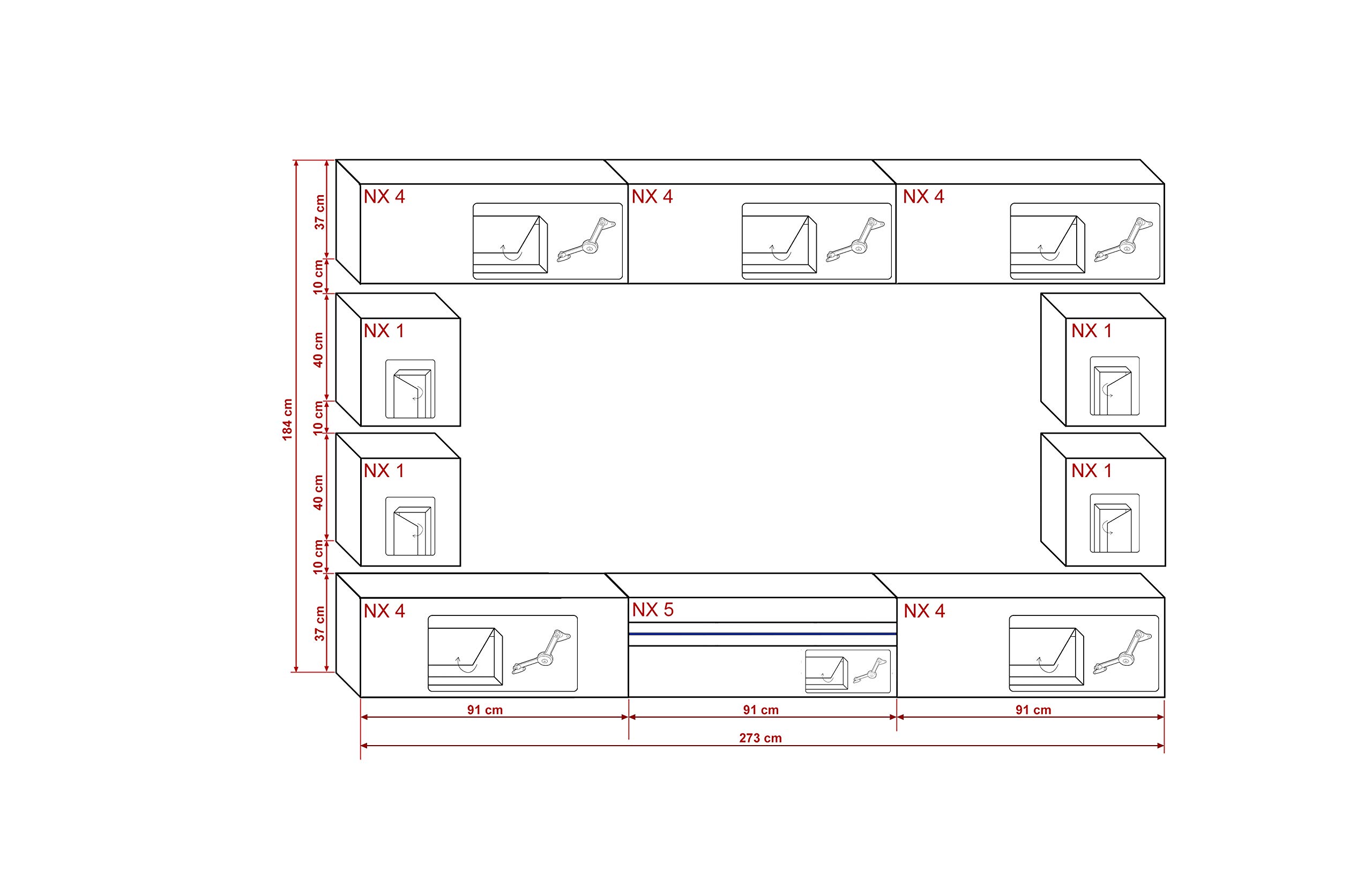 FURNITECH Wohnwand Wohnzimmer - LED Blau, Moderner Schrank mit Regalen und TV-Schrank