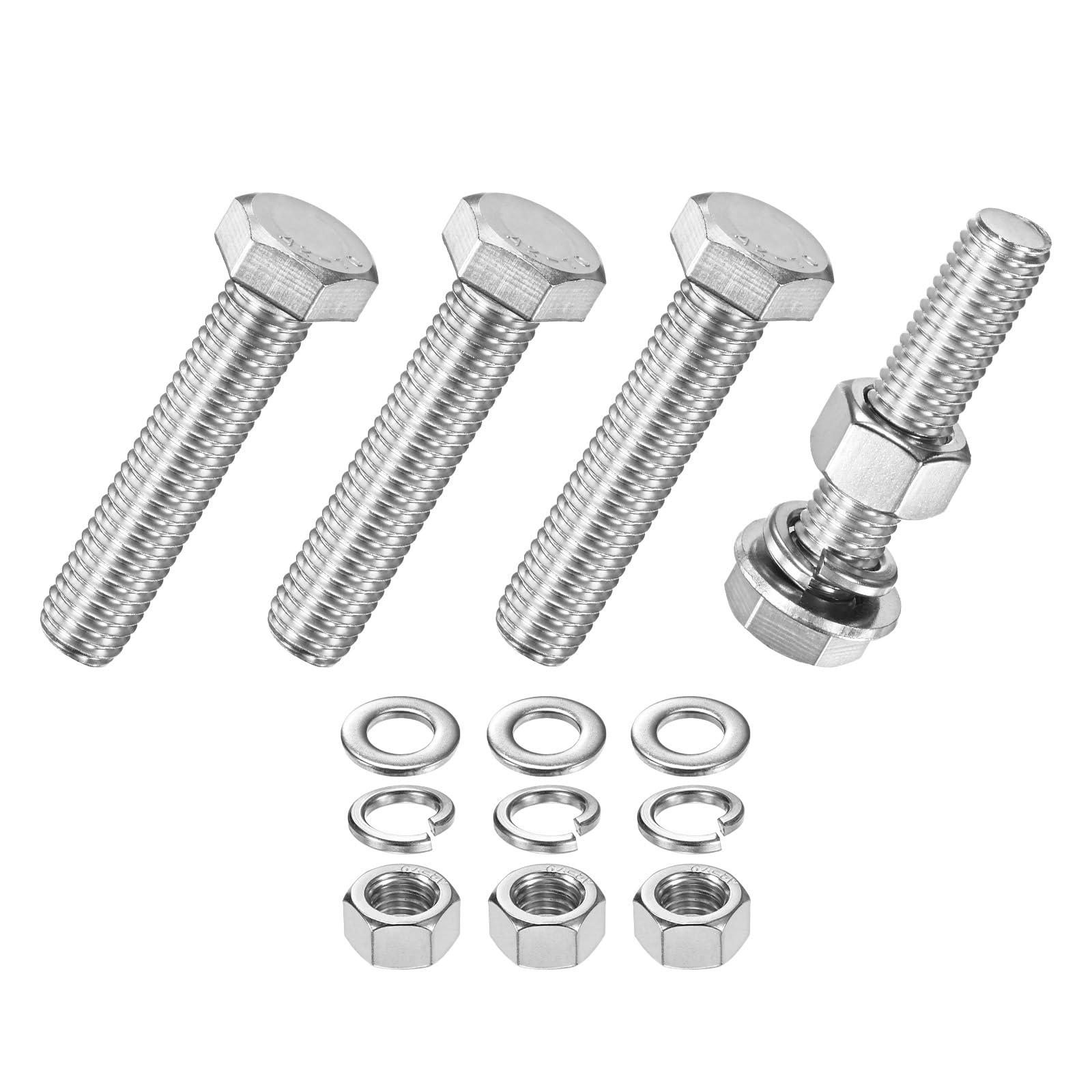 M METERXITY 4-Pack Hex Head Screw Bolt with Nuts Flat & Lock Washers M12x55mm Stainless Steel Bolts and Nuts Kit Fully Threaded Metric Bolt Assortment for Equipment/Machinery