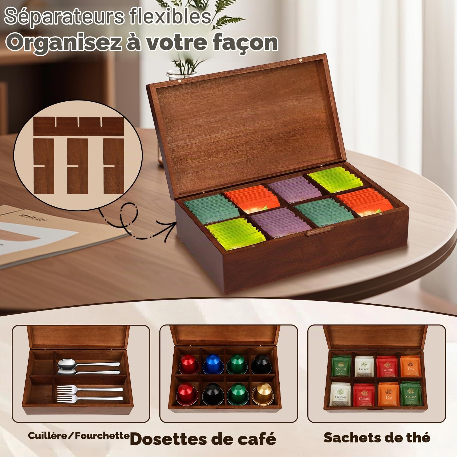 Boîte à Thé en Bois avec 8 Compartiments, Rangement pour Sachets de Thé