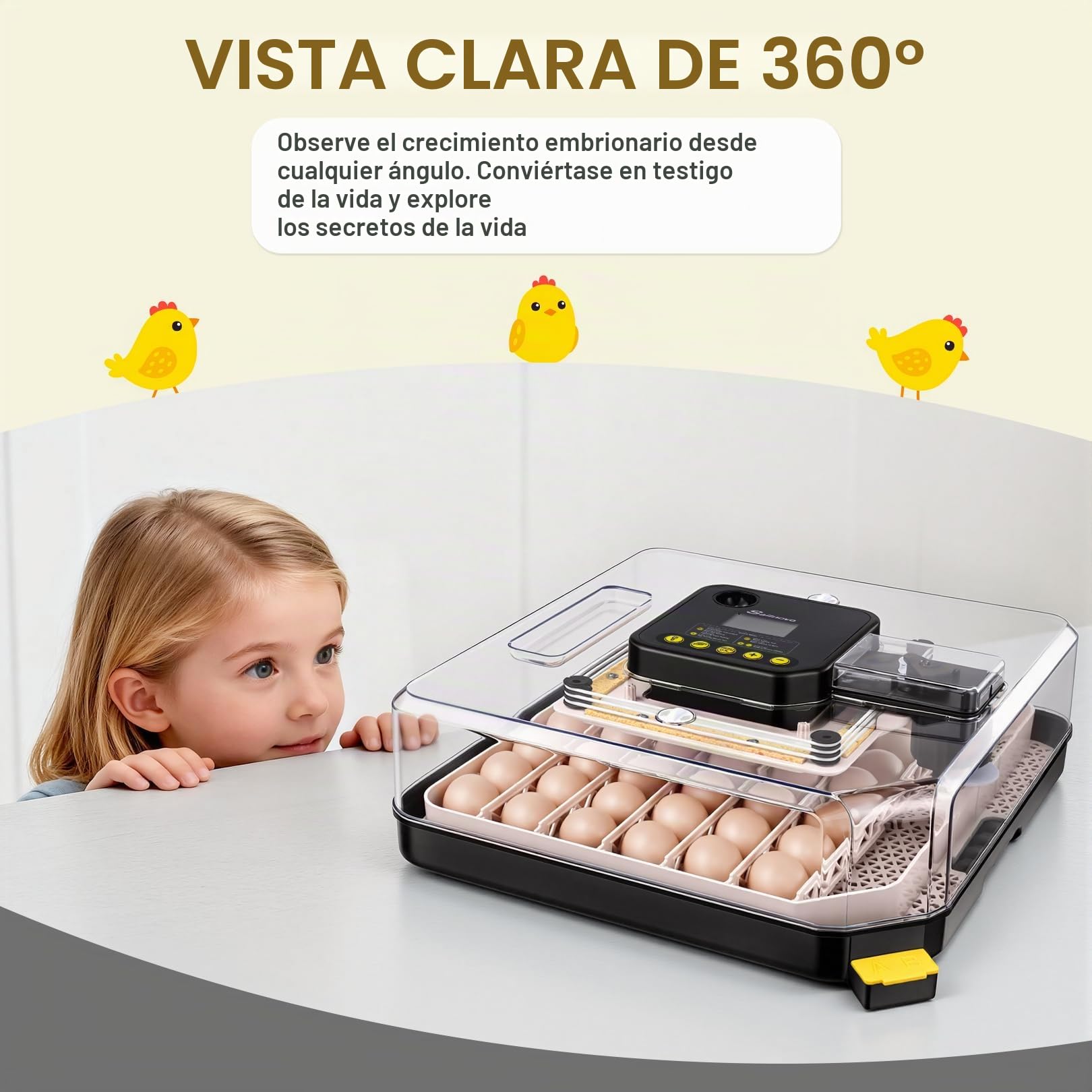 Sailnovo Incubadora de Huevos Automática 48 Huevos con Control Preciso Temperatura/Humedad, Volteador Automático de Huevos, Vista 360°, Ovoscopio Para Huevos, Para Gallina/Pato/Codorniz,Gris