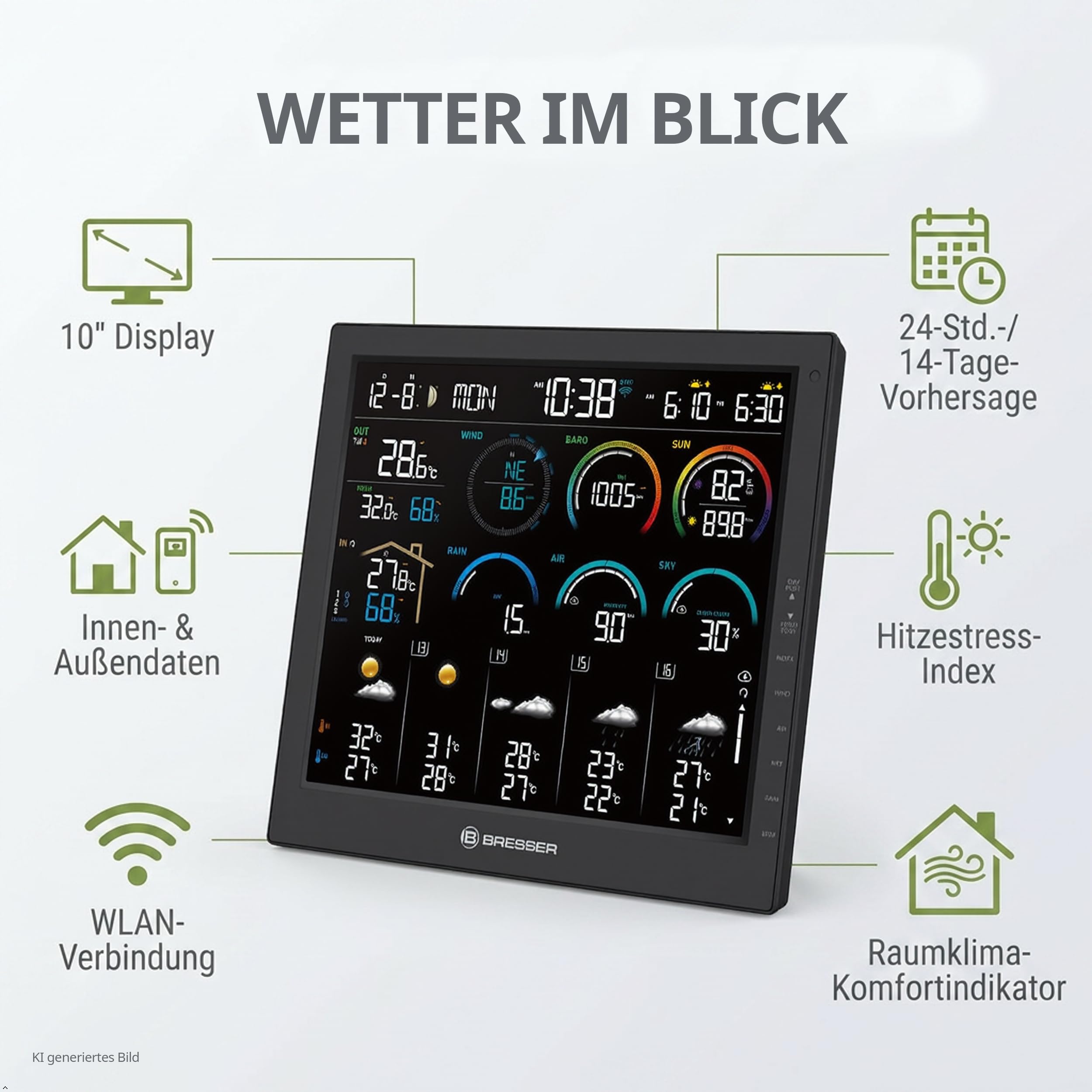 Bresser 4CAST Profi WLAN Wetterstation Funk mit 8 in 1 Außensensor | Innentemperatur und Außentemperatur, Luftfeuchtigkeit, Regenmesser, Windmesser, 14 Tage Wettervorhersage, App, WBGT