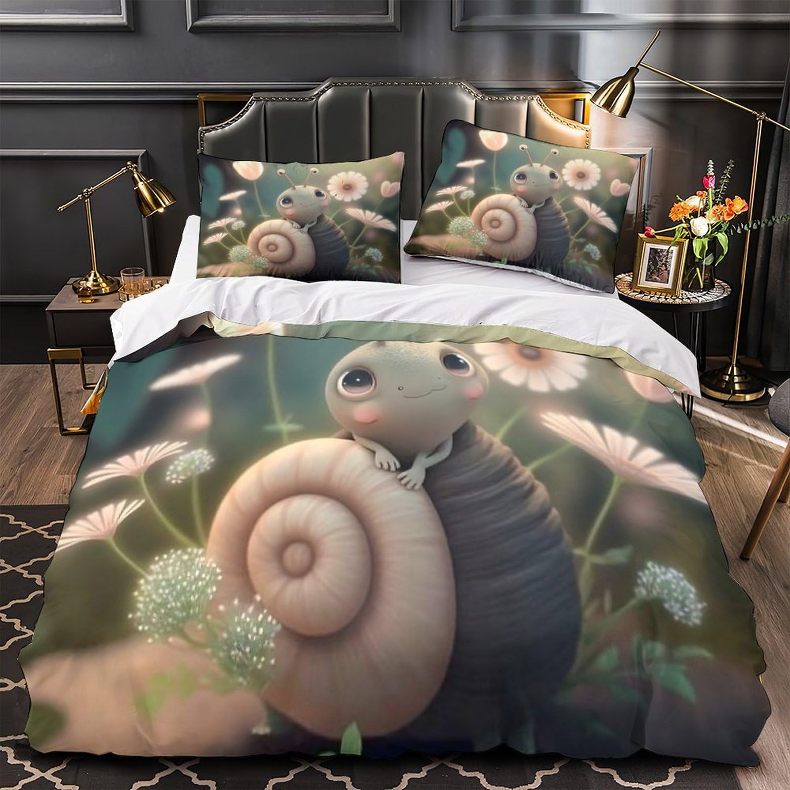 Housse de couette escargot 135x200cm en microfibre 3D avec taie d'oreiller pour lit enfant single