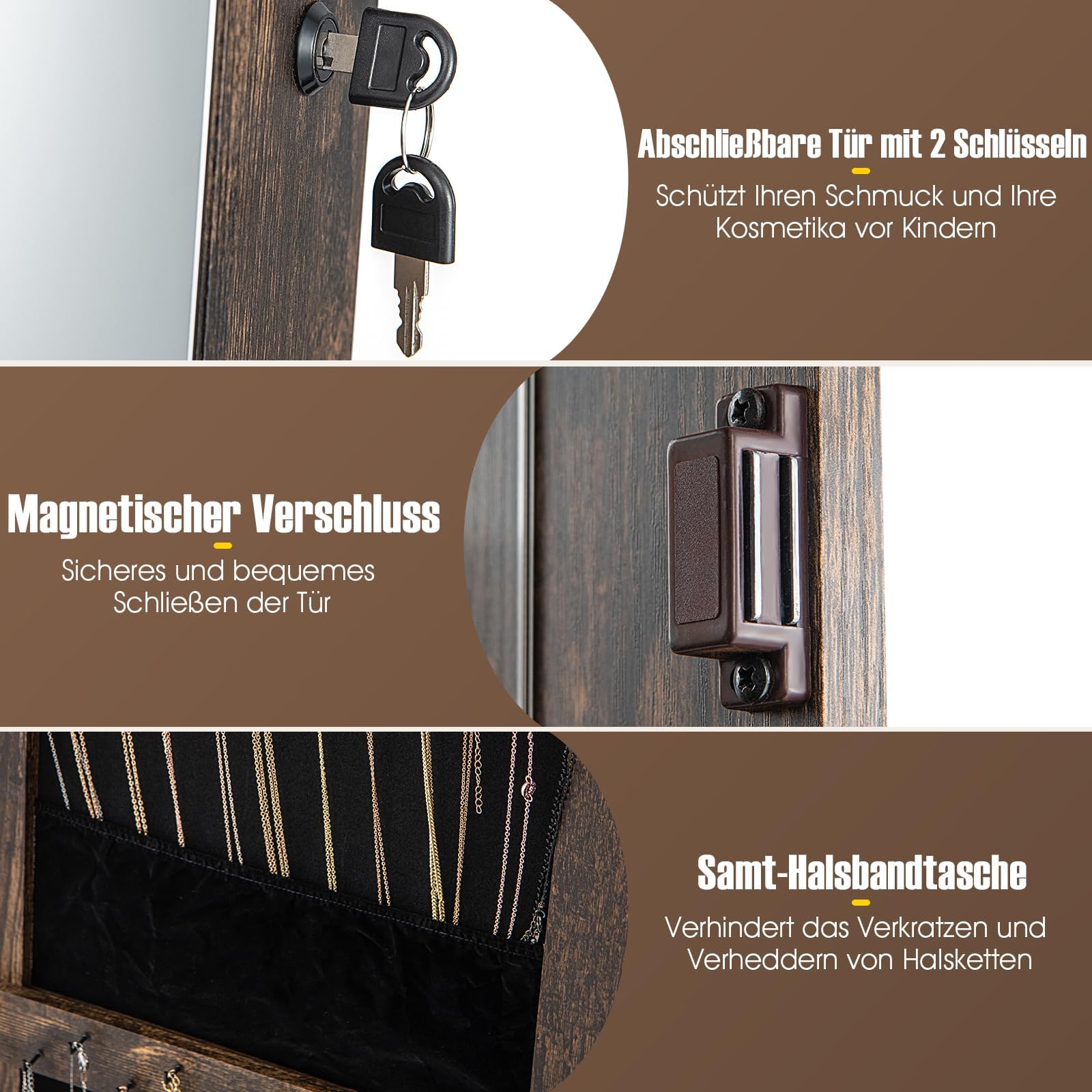 RELAX4LIFE Schmuckschrank 360° drehbar, 4-in-1 Spiegelschrank mit LED-Lichts & Schubladen & Regalen Schmuckaufbewahrung Ganzkörperspiegel, Schmuckständer abschließbar (Rustikales Braun)