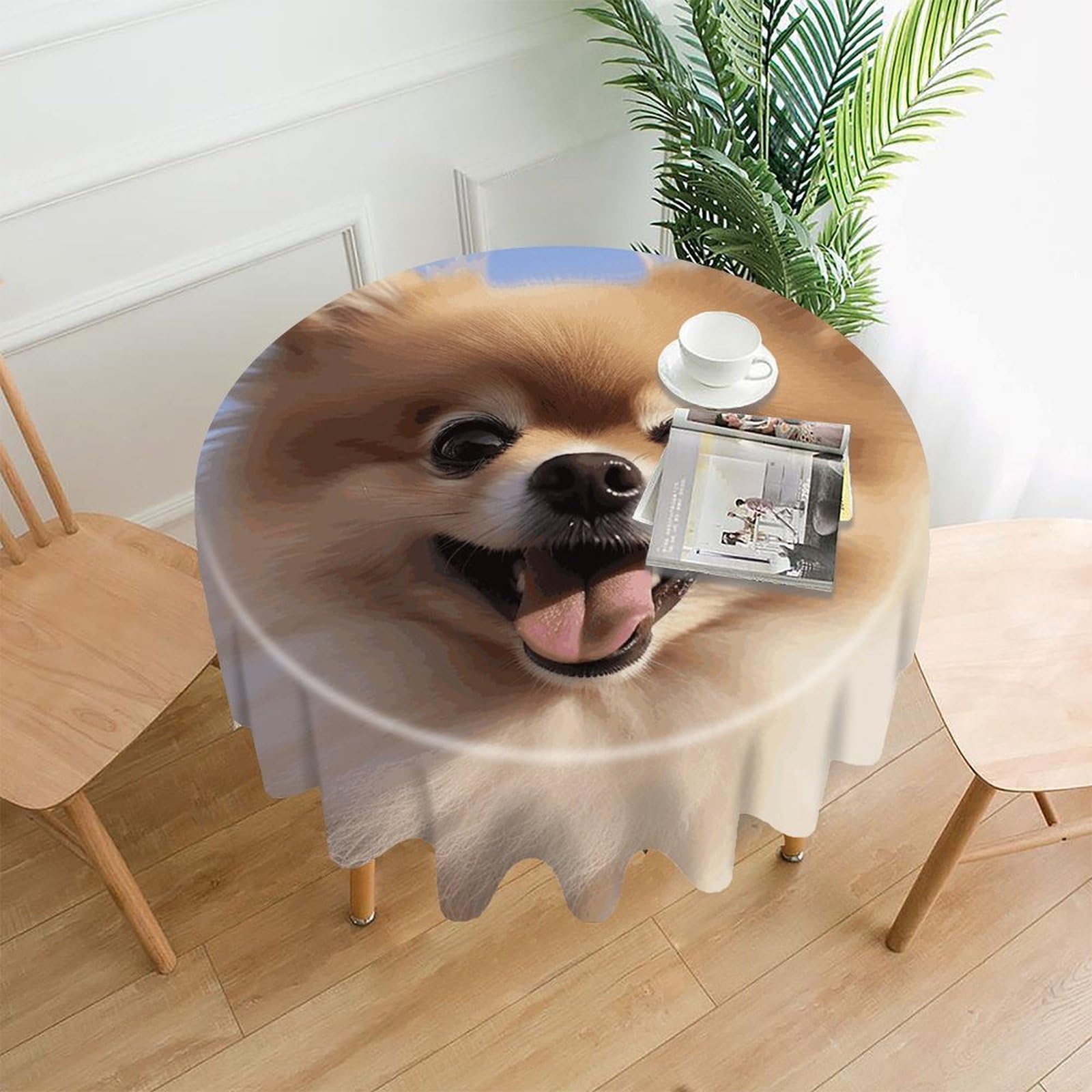 Happy Pomeranian Tablecloth Exquisite Wrinkle-Free Straight-Edge Round Table Cloth Anti-Fading Premium Polyester Tablecloth Waterproof Folding Table Cloths for Tables Decor