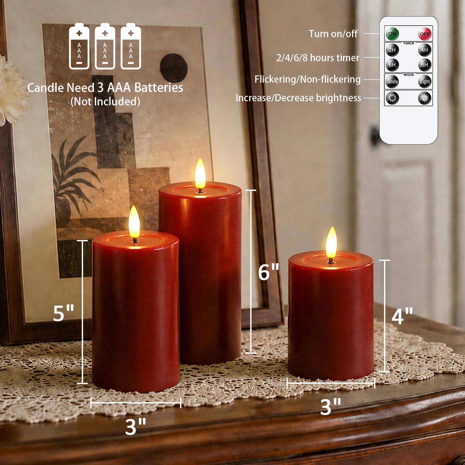 Yeelida remoto sin llama parpadeante velas LED con aceite de cera de diseño, Borgoña Pack de 3 pilas Oprated pilar temporizador real velas de cera (7.5x10 12.5 15cm)