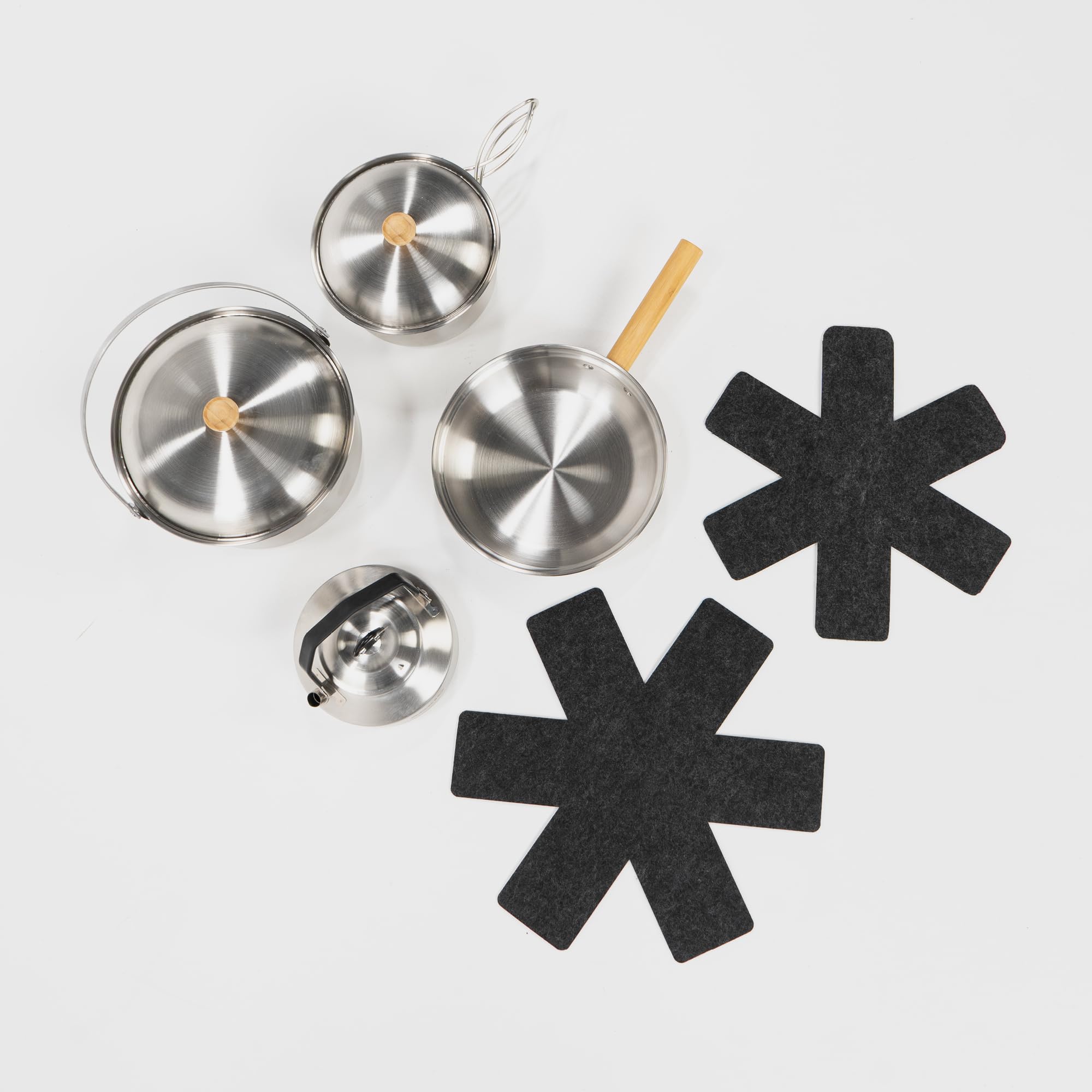 BOXIO - Cookware : poêle de camping et casseroles en acier inoxydable Vaisselle de camping avec poêle, bouilloire et casseroles idéales pour la cuisine de camping, le réchaud à gaz ou le réchaud de