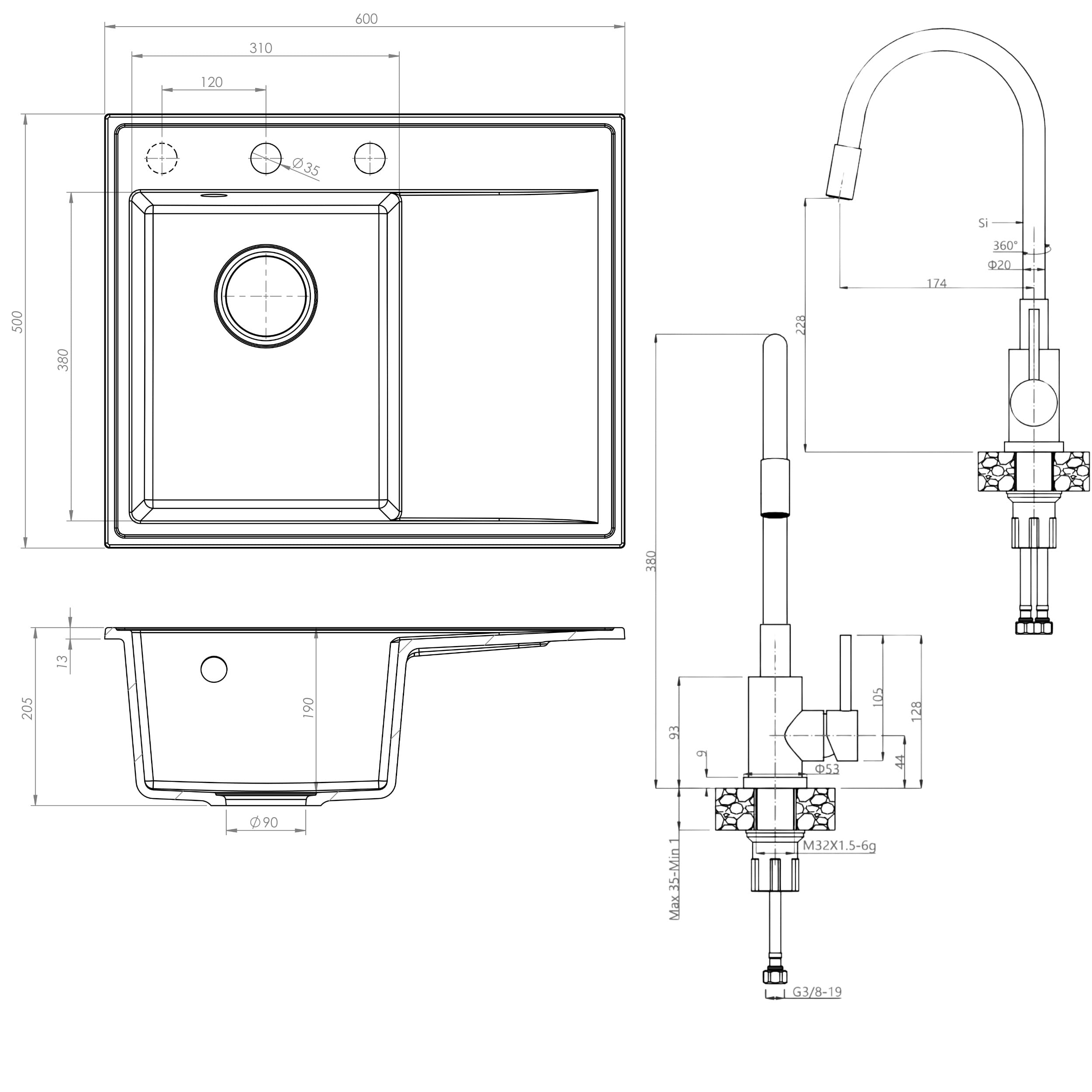 SINK QUALITY Spülbecken Komplettset mit Armatur 60x50 cm - Küchenspüle schwarz gesprenkelt mit Abtropffläche - Küchenarmatur, Seifenspender, Sieb, Siphon - Spüle links für 40er Unterschrank