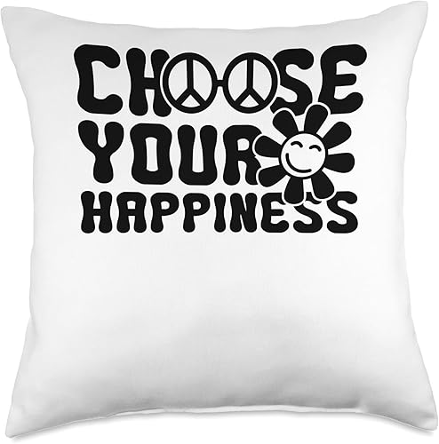 Happiness Quotes Retro Bohemian Nostalgia Design Choose Your Happiness Hippie Positivity Affirmations Groovy Throw Pillow, 18x18, Multicolor