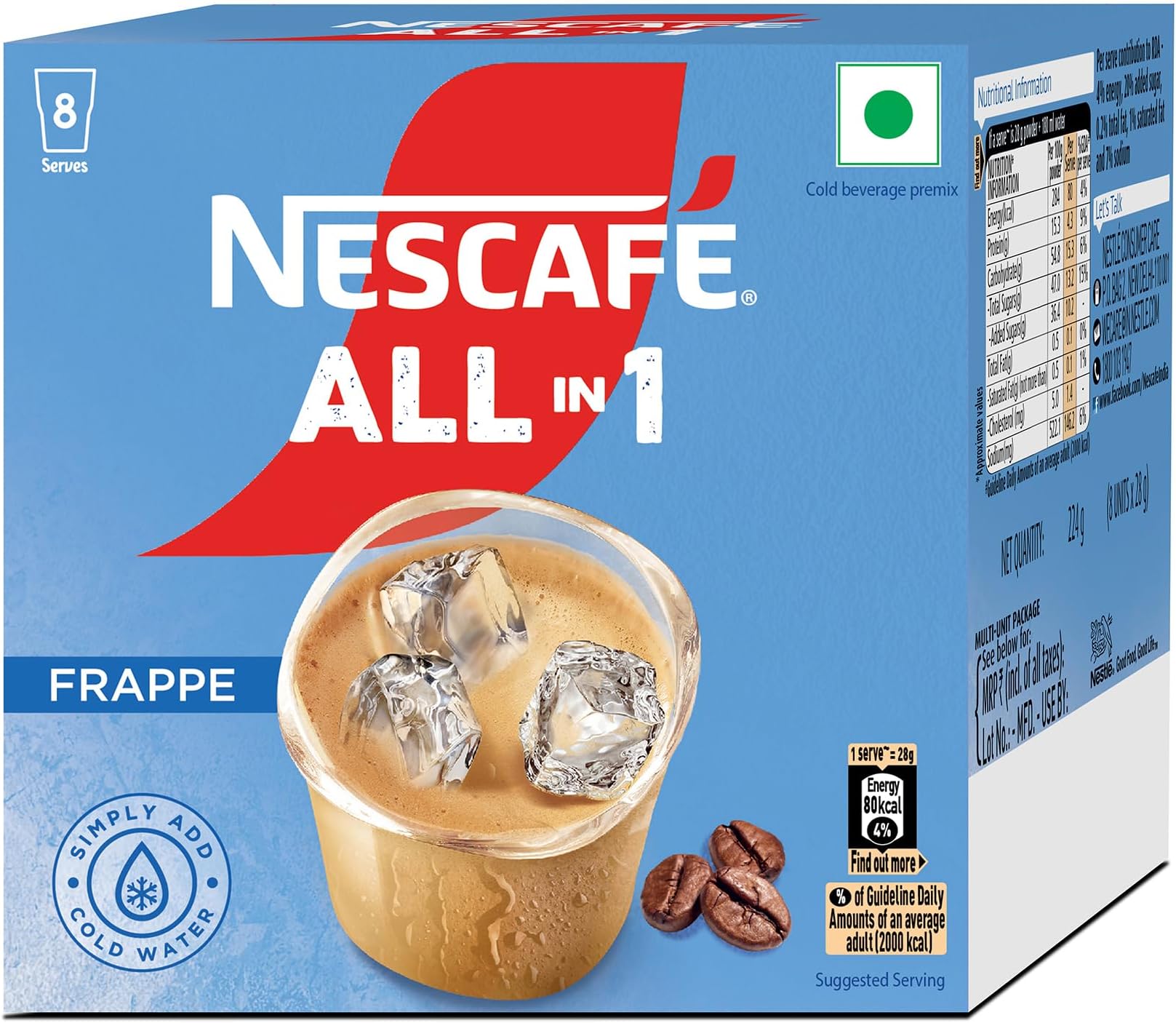 NESCAFE All in 1 Frappe | Instant Cold Coffee Premix - Just Add Cold Water | 224g (8 Sachets X 28g), Box