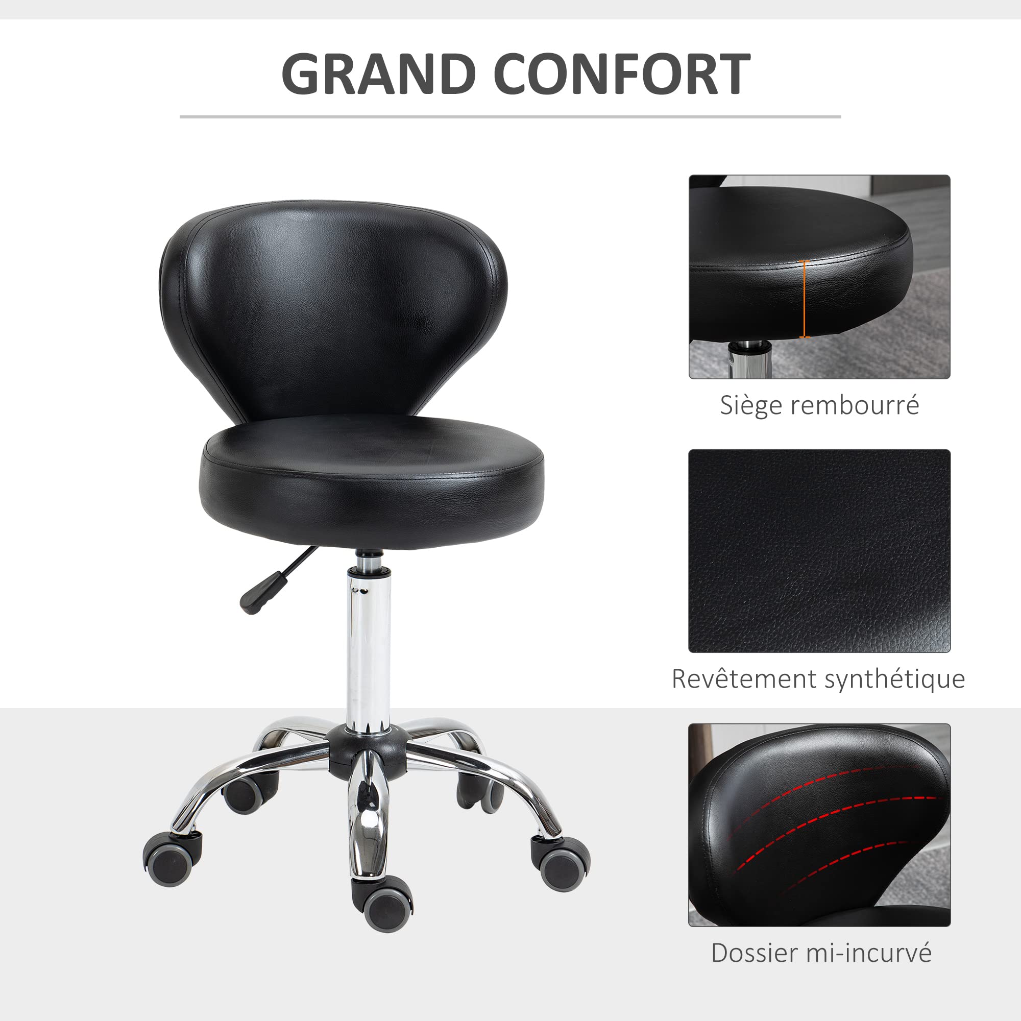 HOMCOM con Ruedas de Masaje – Taburete de Trabajo Giratorio 360° – Asiento Ajustable 49-64H cm, Respaldo ergonómico – Metal Cromado Revestimiento sintético Negro