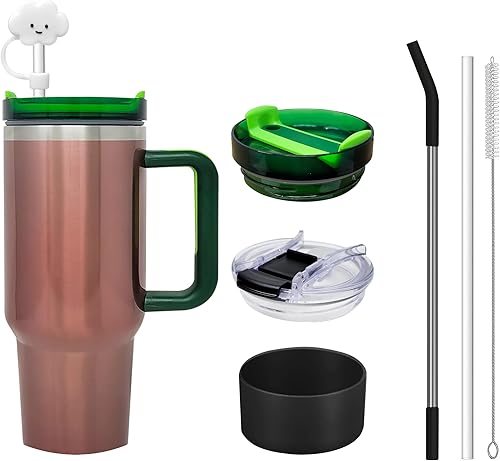 Vaso térmico de 40 onzas con asa, reutilizable, de acero inoxidable, con tapa y pajilla, mantiene las bebidas frías durante horas. La tapa