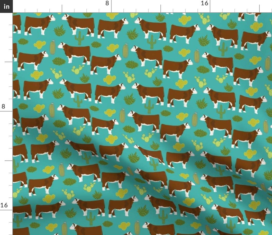 Spoonflower Fabric - Hereford Cow Cattle Cactus Turquoise Farm Animals Animal Pet Portrait Printed on Petal Signature Cotton Fabric by The Yard - Sewing Quilting Apparel Crafts Decor