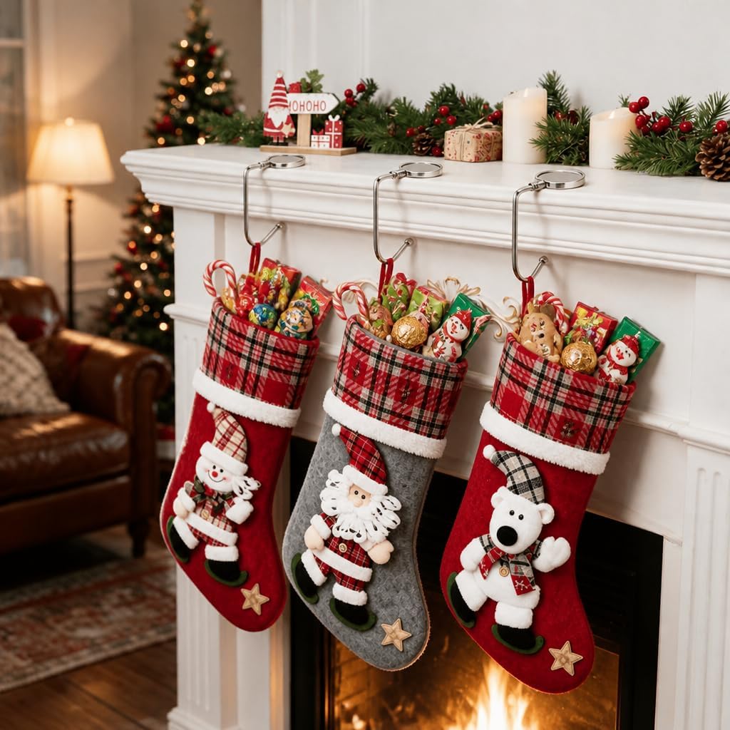 3 Pack Plaid Christmas Stockings with Hooks, 15.7'' Knit Xmas Socks for Fireplace Mantel, Traditional Holiday Decor for Gifts