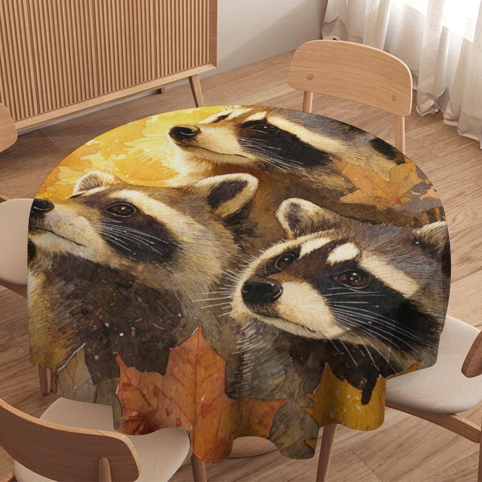 LUYYSKY Vintage Abstract Cute Raccoons Waterproof Round Tablecloth Funny Rustic Autumn Plant Maple Trees Animals Raccoon Washable Table Cover for Kitchen-60 Wx60 L