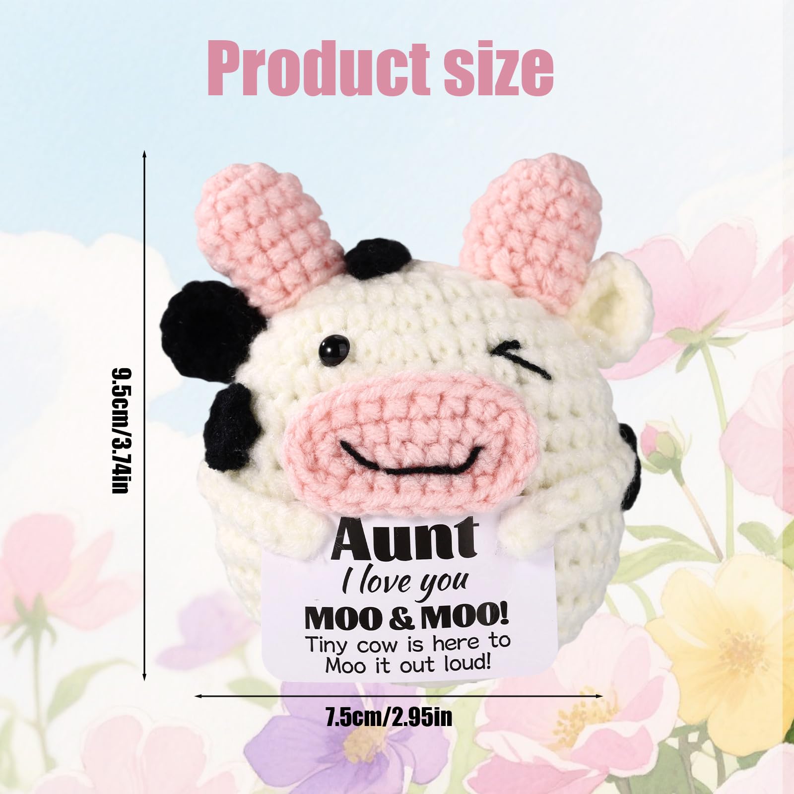 TOYMIS Positive Cow Crochet, Support Mini Handmade Knitted Doll with Encouragement Emotional Card Cute Office Desk Decor for Aunt - Image 2