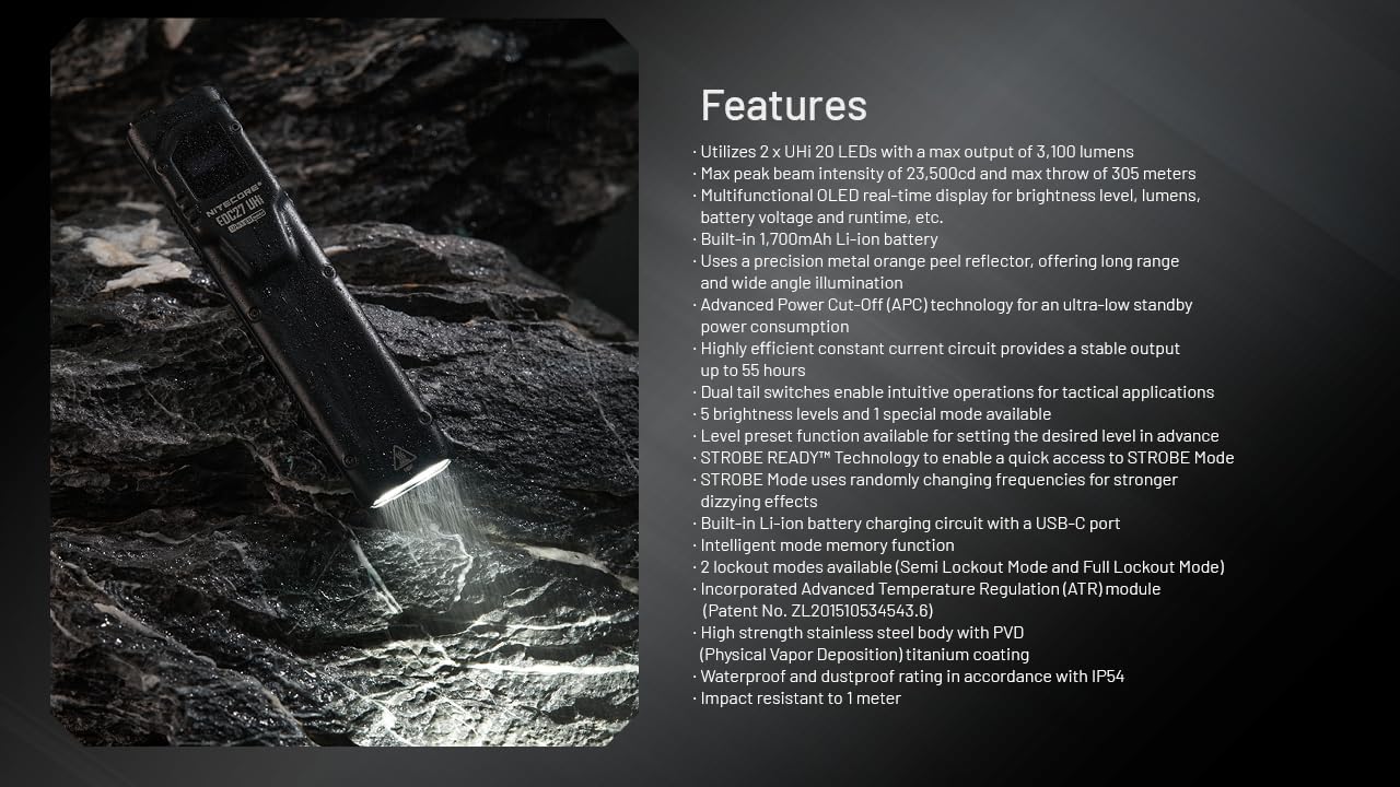 Nitecore EDC27 UHi 3100 Lumen USB Rechargeable Slim Body LED Flashlight EdisonBright Brand Charging Adapter
