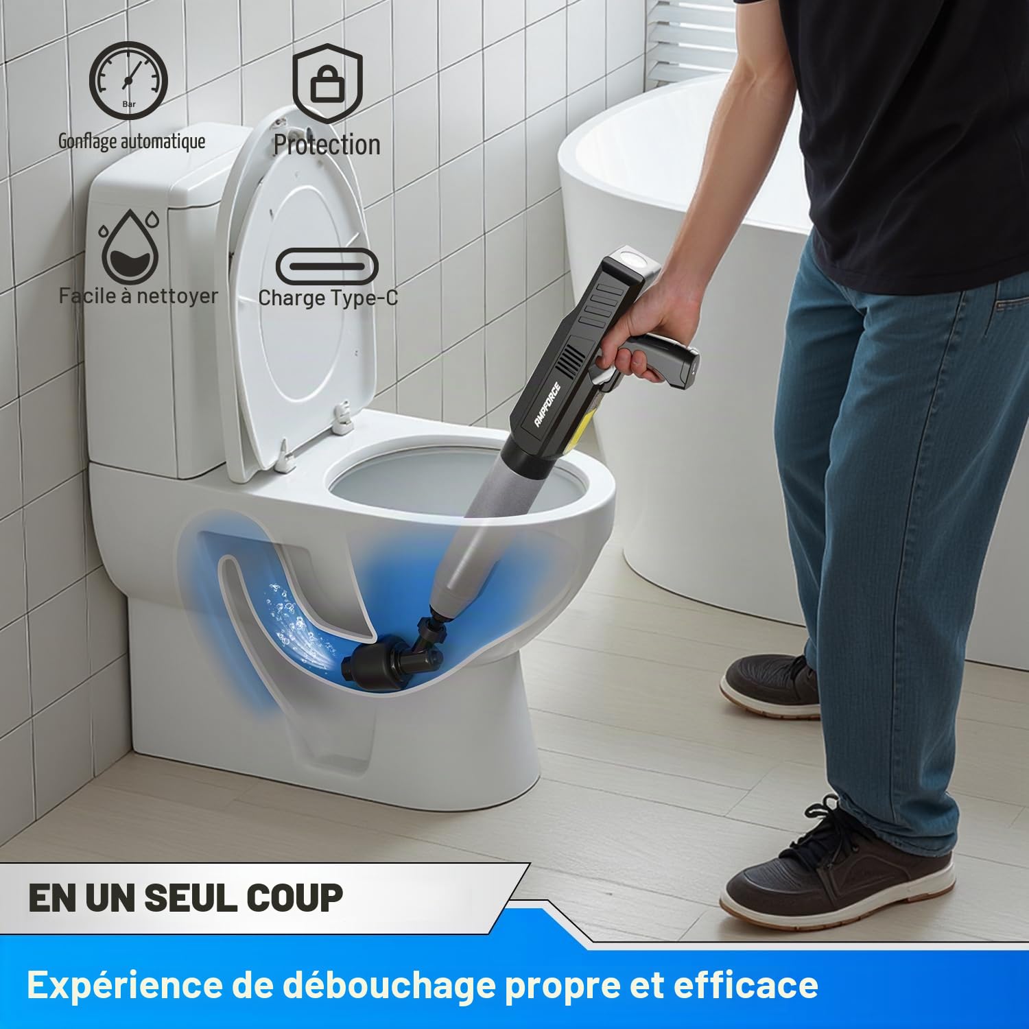 Déboucheur WC Électrique, Déboucheur Canalisation à Pression Réglable 1-8 Bar, Ventouse Toilette Anti-Éclaboussures 120°, Pompe Déboucheur pour WC, Évier, Douche et Canalisations