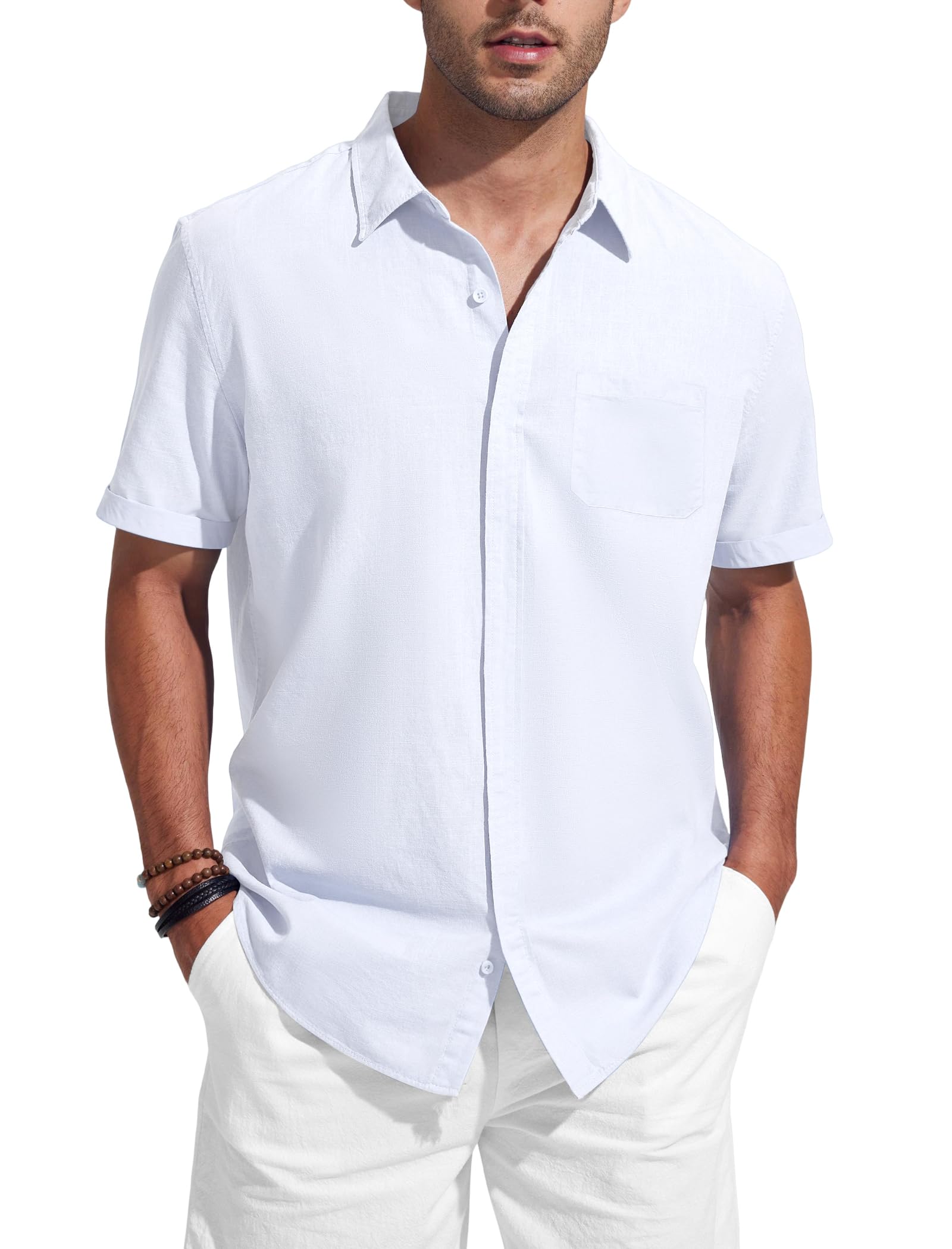 Friptspyg Leinenhemd Herren mit Tasche Baumwolle leinen Hemden Herren Kurzarm Sommerhemd mit Versteckten Knöpfen Casual Alltag Strand