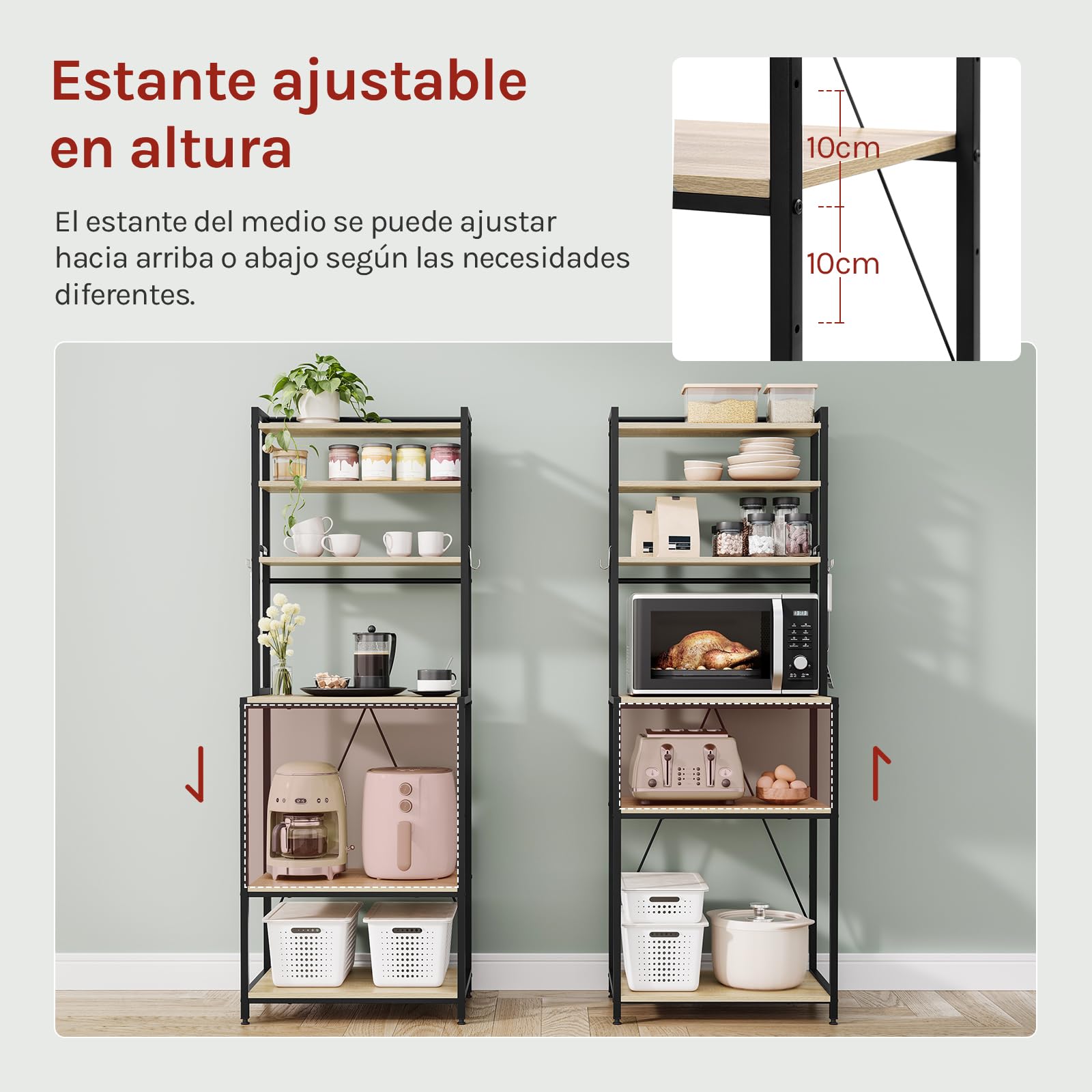 WOLTU Estantes de Cocina de 6 Niveles, Estanteria Almacenaje con 6 Ganchos, Organizador Cocina, Mueble para Microondas, Metal + Madera, 60x40x167 cm, Roble Claro+Negro