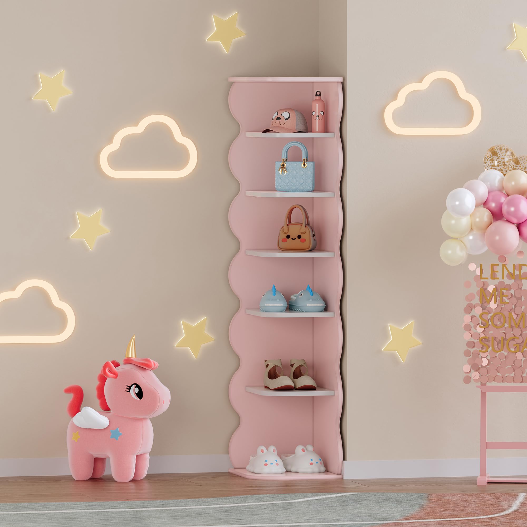 [en.casa] Scaffale Angolare per Cameretta Libreria con 5 Ripiani Scomparti Aperti Portaoggetti per Scarpe Libri Giocattoli a Misure di Bimbi 108 x 27 x 27 cm - Rosa/Bianco