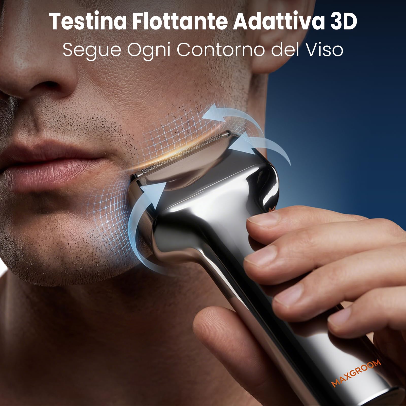 MAXGROOM Rasoio Elettrico Barba, rasoio elettrico a pelle a 3 testine flottanti, Shaver barba IPX7 testina rimovibile, 70 minuti di autonomia, 132 g leggero e portatile, USB-C e LED