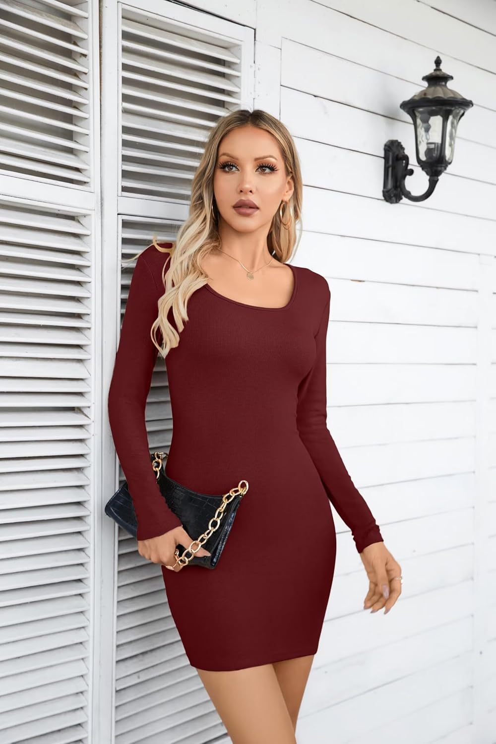 VICHYIE Women Square Neck Ribbed Bodycon Tight Dress Long Sleeve Mid Thigh Pencil Above Knee Dresses - Image 7