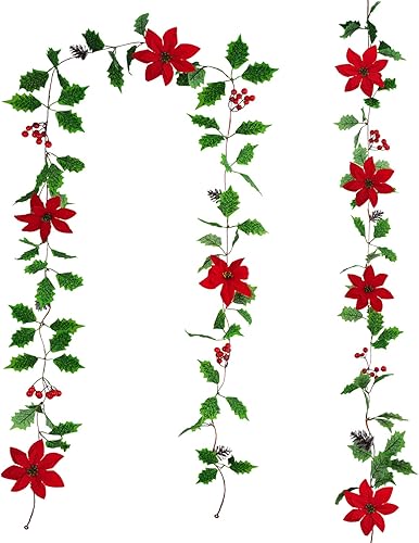 Tepaler Paquete de 2 guirnaldas de Navidad con hojas de acebo de invierno con bayas rojas, piñas de pascua, 7.8 pies, guirnalda de vegetación