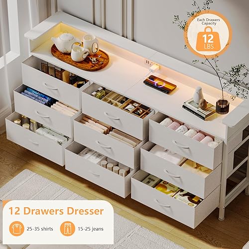 Miniatura 4 de White Dresser for Bedroom with 9 Drawers, Long Dresser TV Stand with LED Lights & Charging Station, Fabric Chests of Drawers for Closet Entryway