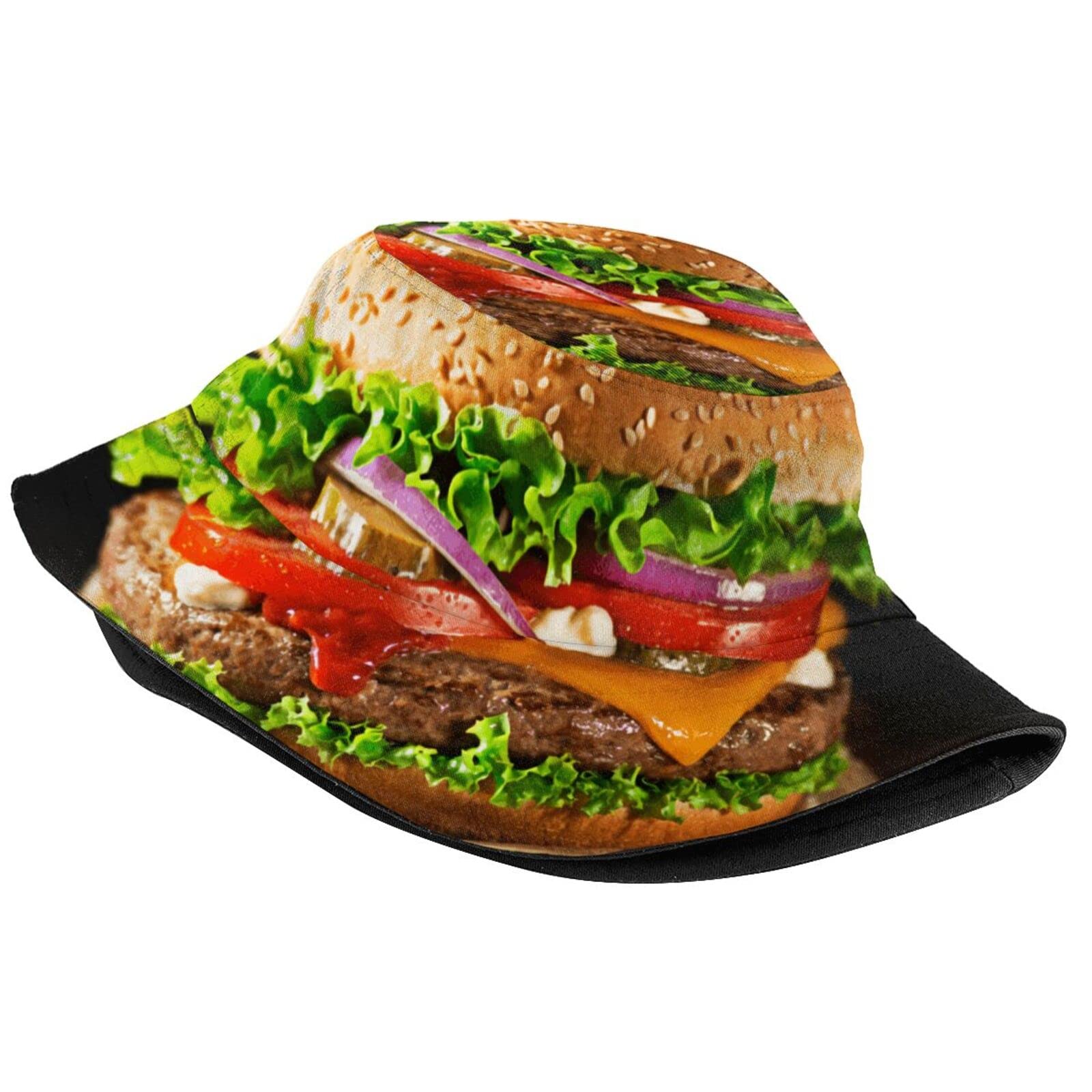 Funny Hamburger Bucket Hat Fisherman Sun Bucket Hat for Adults Teens Wide Brim Beach Fisherman Cap